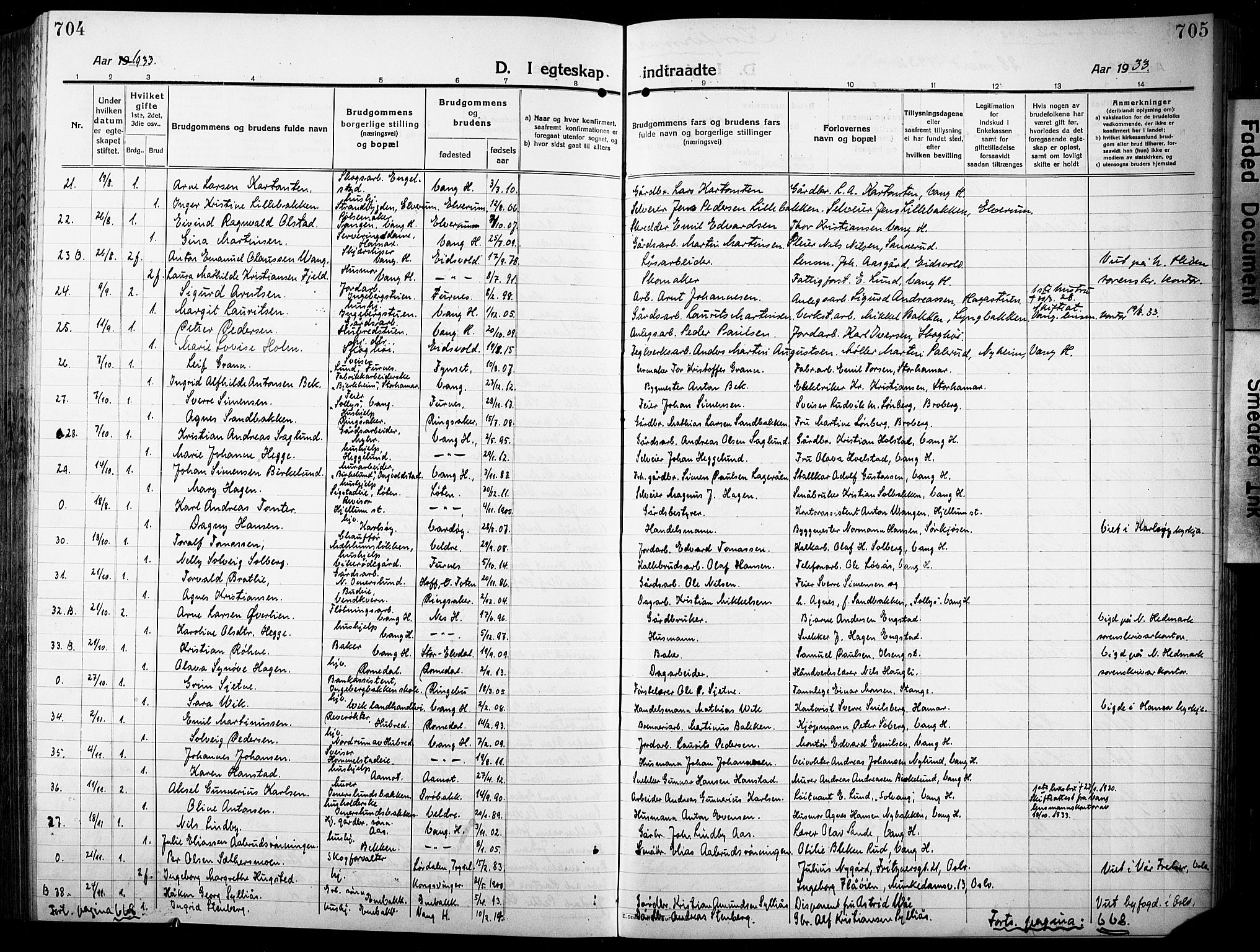 Vang prestekontor, Hedmark, AV/SAH-PREST-008/H/Ha/Hab/L0015: Parish register (copy) no. 15, 1915-1933, p. 704-705