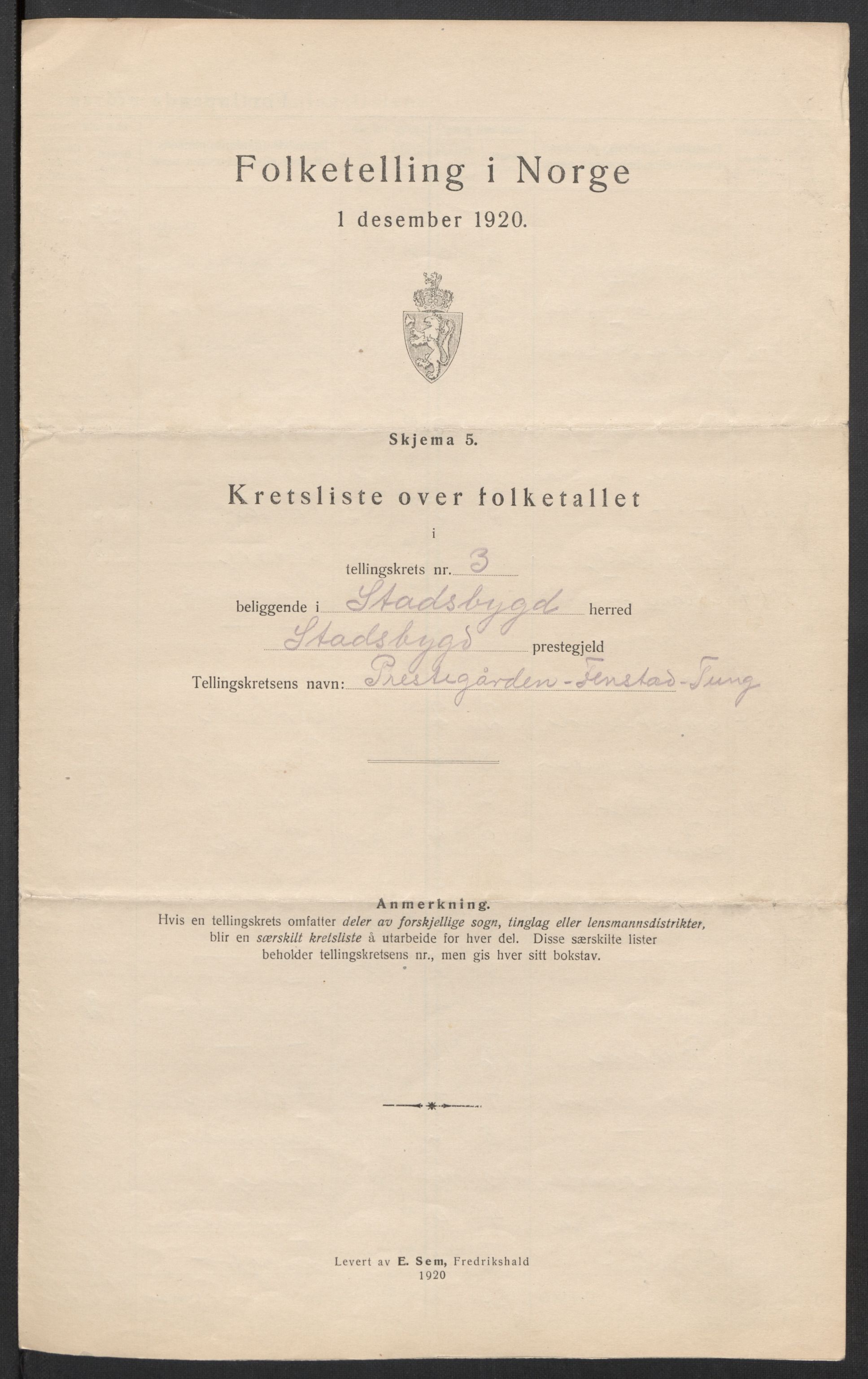 SAT, 1920 census for Stadsbygd, 1920, p. 15