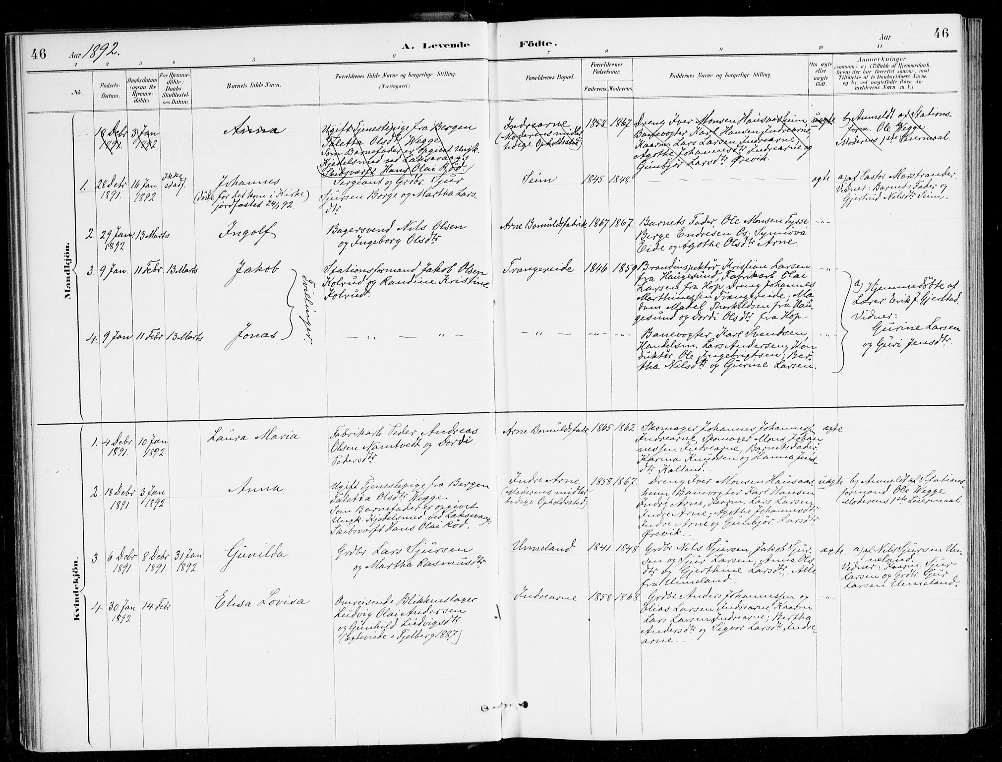Haus sokneprestembete, SAB/A-75601/H/Haa/Haad/L0001: Parish register (official) no. D 1, 1887-1898, p. 46