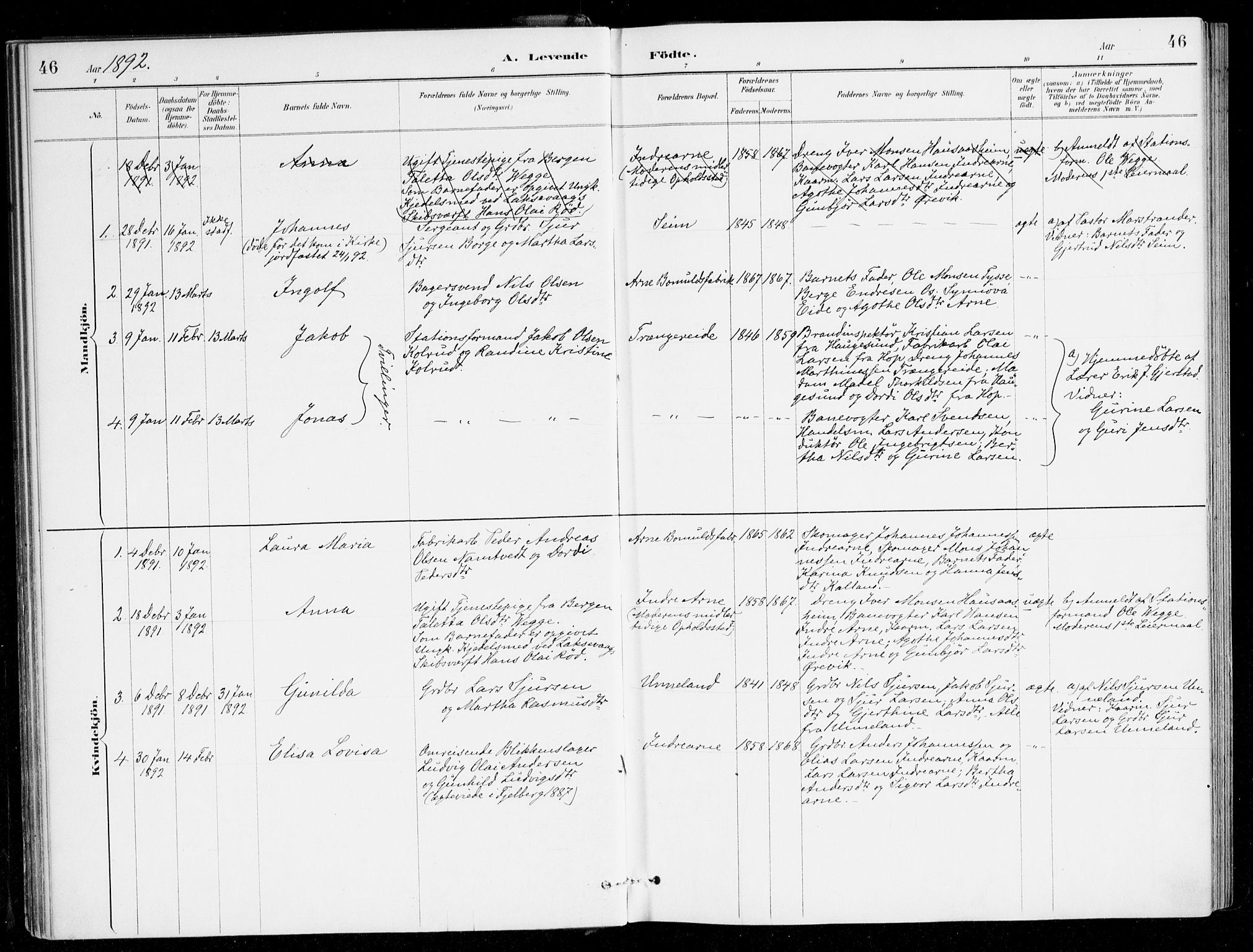 Haus sokneprestembete, AV/SAB-A-75601/H/Haa/Haad/L0001: Parish register (official) no. D 1, 1887-1898, p. 46