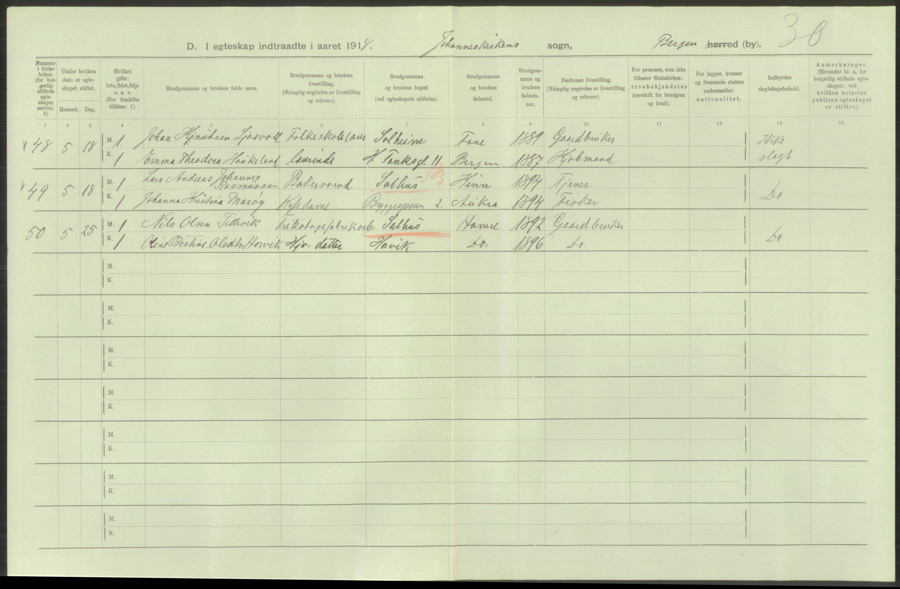 Statistisk sentralbyrå, Sosiodemografiske emner, Befolkning, AV/RA-S-2228/D/Df/Dfb/Dfbh/L0038: Bergen: Gifte, dødfødte., 1918, p. 210