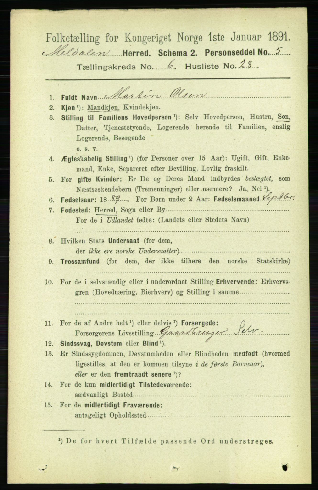 RA, 1891 census for 1636 Meldal, 1891, p. 3037