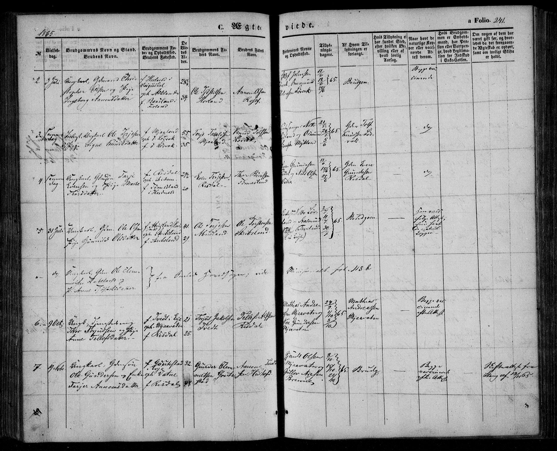 Åmli sokneprestkontor, AV/SAK-1111-0050/F/Fa/Fac/L0008: Parish register (official) no. A 8, 1852-1869, p. 241