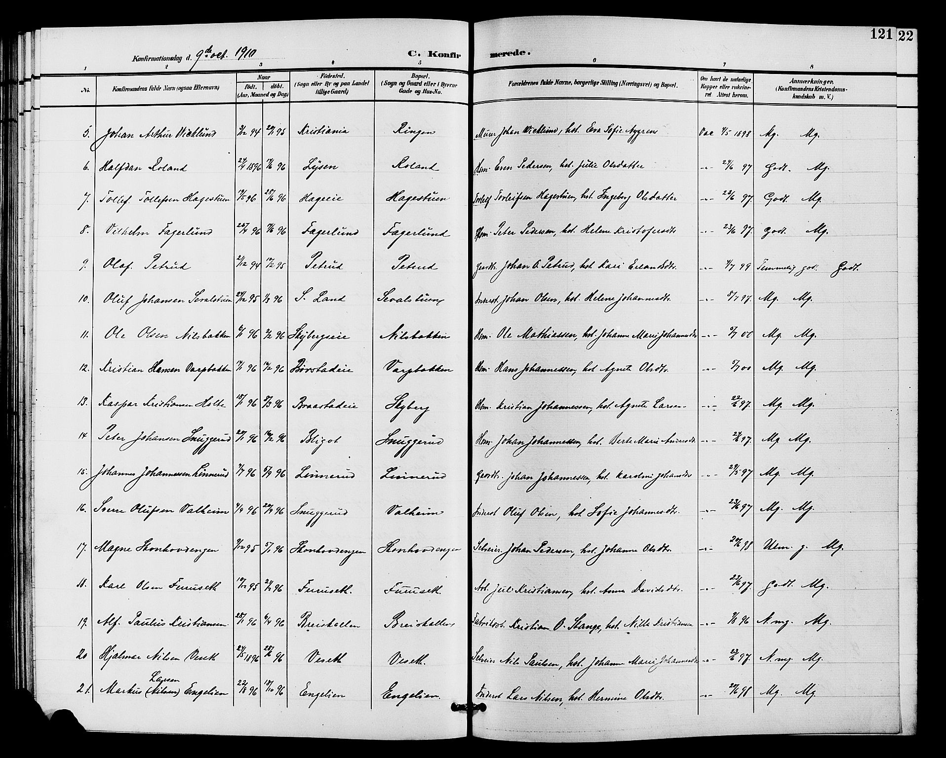 Vardal prestekontor, SAH/PREST-100/H/Ha/Hab/L0011: Parish register (copy) no. 11, 1899-1913, p. 121