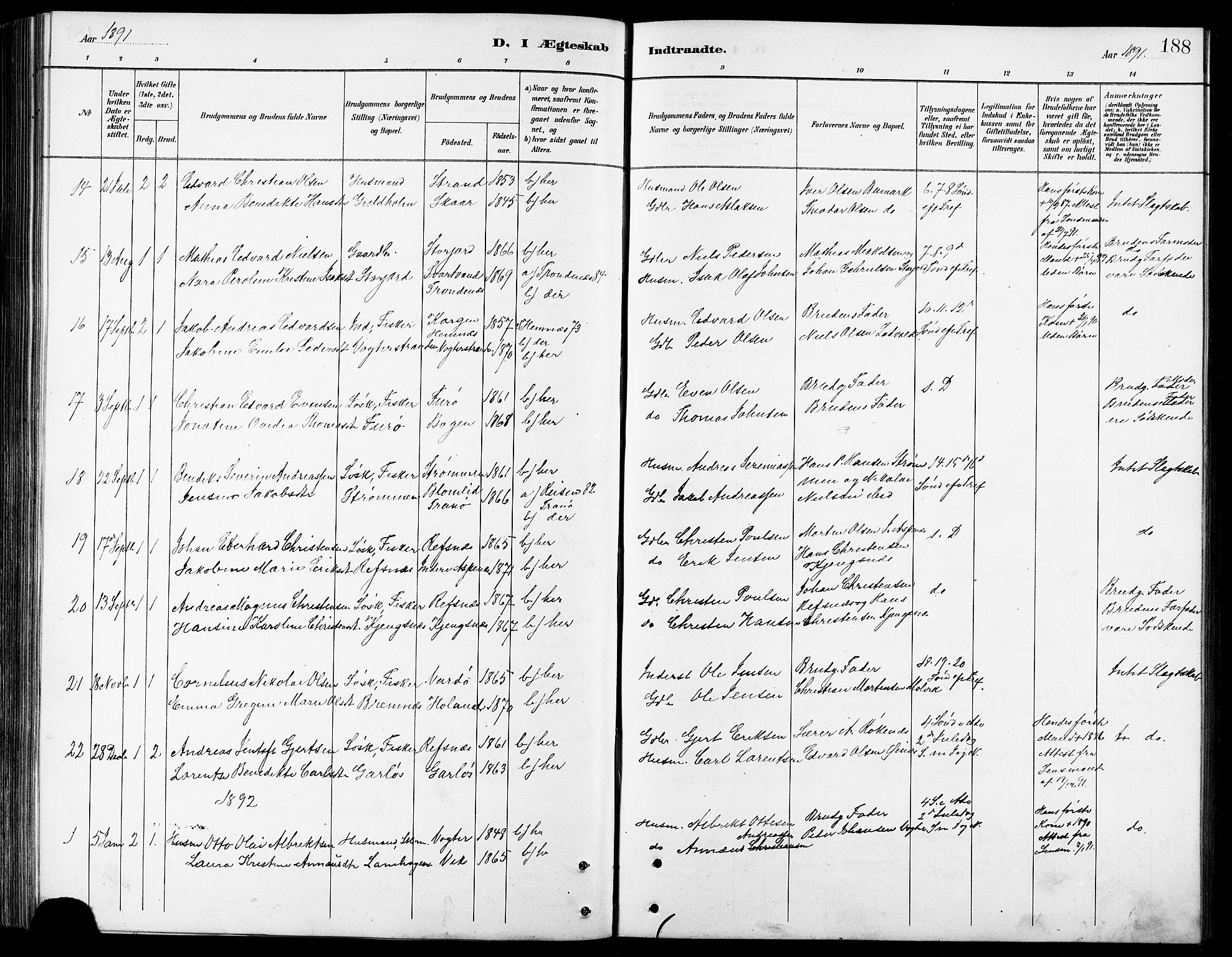 Kvæfjord sokneprestkontor, SATØ/S-1323/G/Ga/Gab/L0005klokker: Parish register (copy) no. 5, 1886-1911, p. 188
