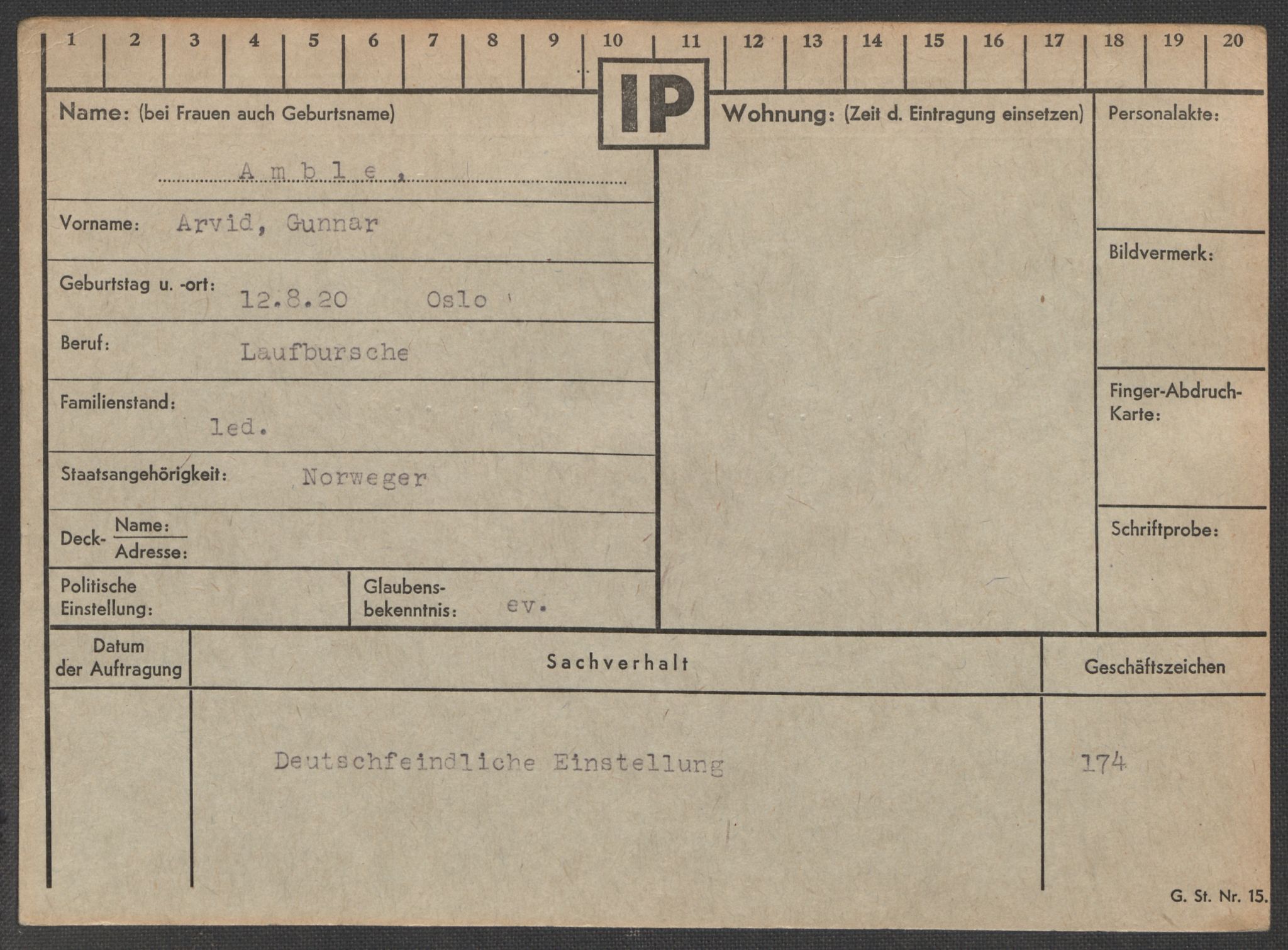 Befehlshaber der Sicherheitspolizei und des SD, RA/RAFA-5969/E/Ea/Eaa/L0001: Register over norske fanger i Møllergata 19: A-Bj, 1940-1945, p. 82