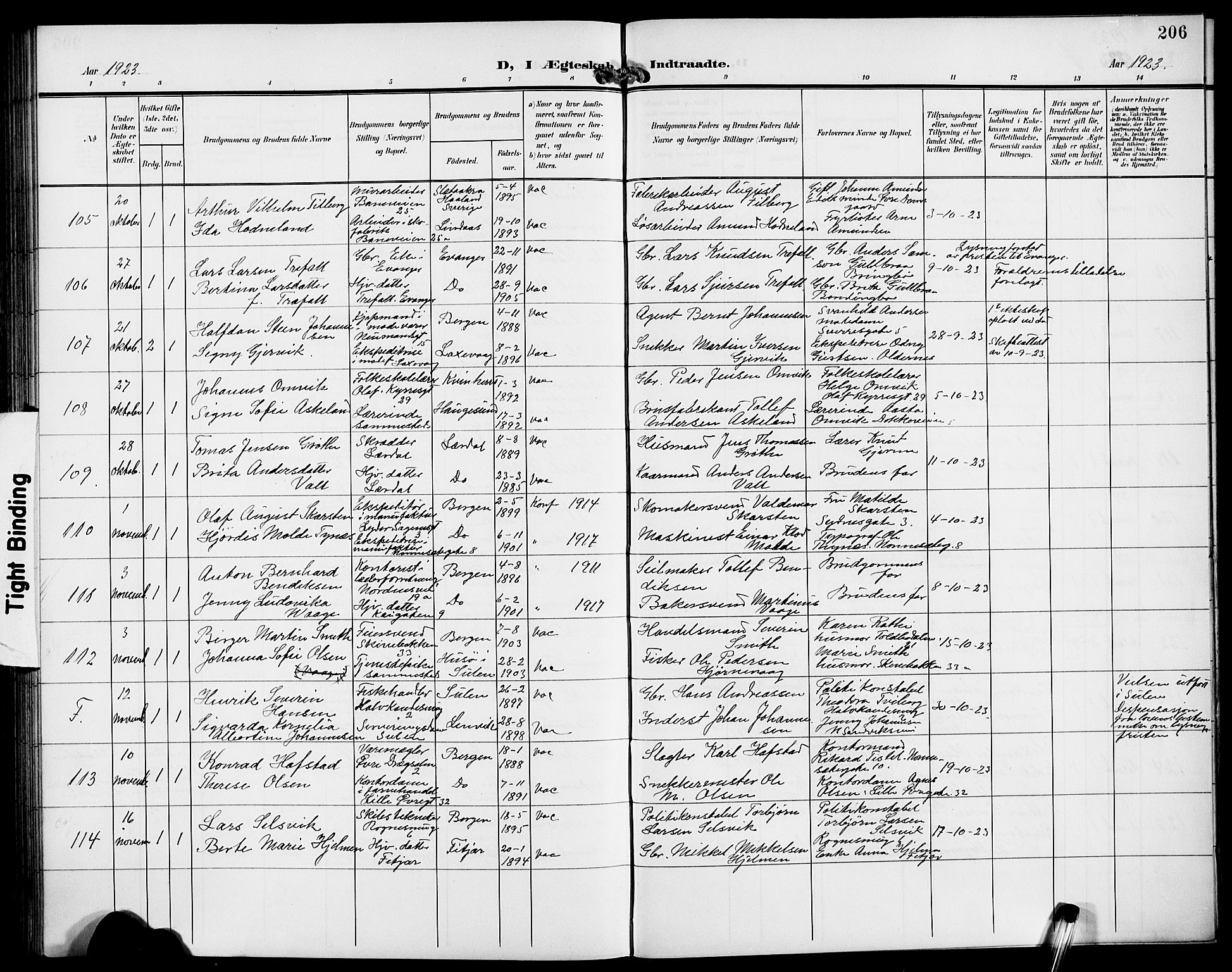 Domkirken sokneprestembete, AV/SAB-A-74801/H/Hab/L0033: Parish register (copy) no. D 5, 1907-1924, p. 206