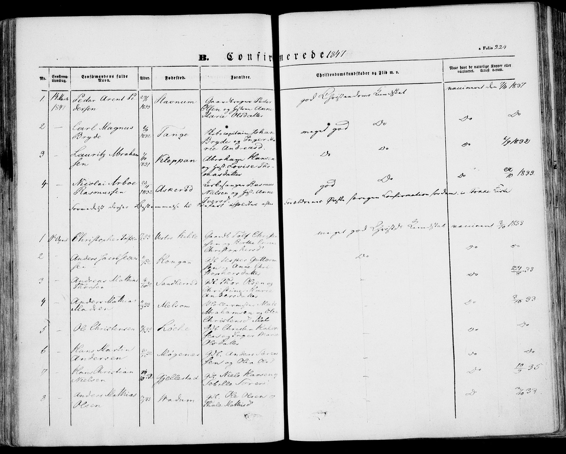 Stokke kirkebøker, SAKO/A-320/F/Fa/L0007: Parish register (official) no. I 7, 1844-1857, p. 224