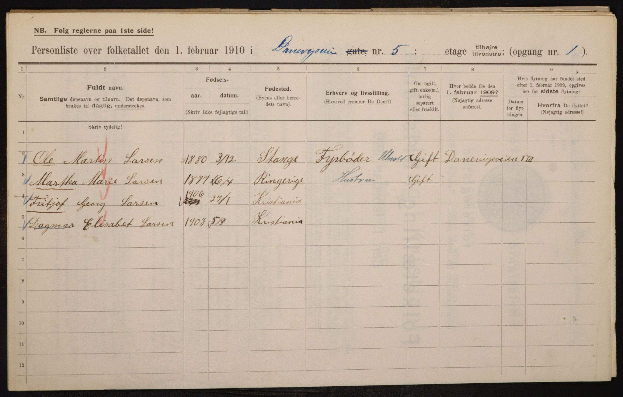 OBA, Municipal Census 1910 for Kristiania, 1910, p. 14451