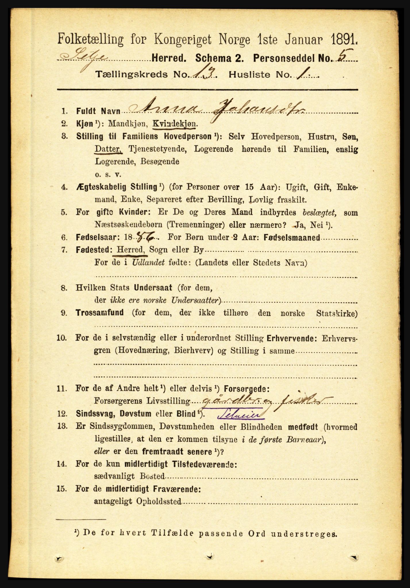 RA, 1891 census for 1441 Selje, 1891, p. 4111