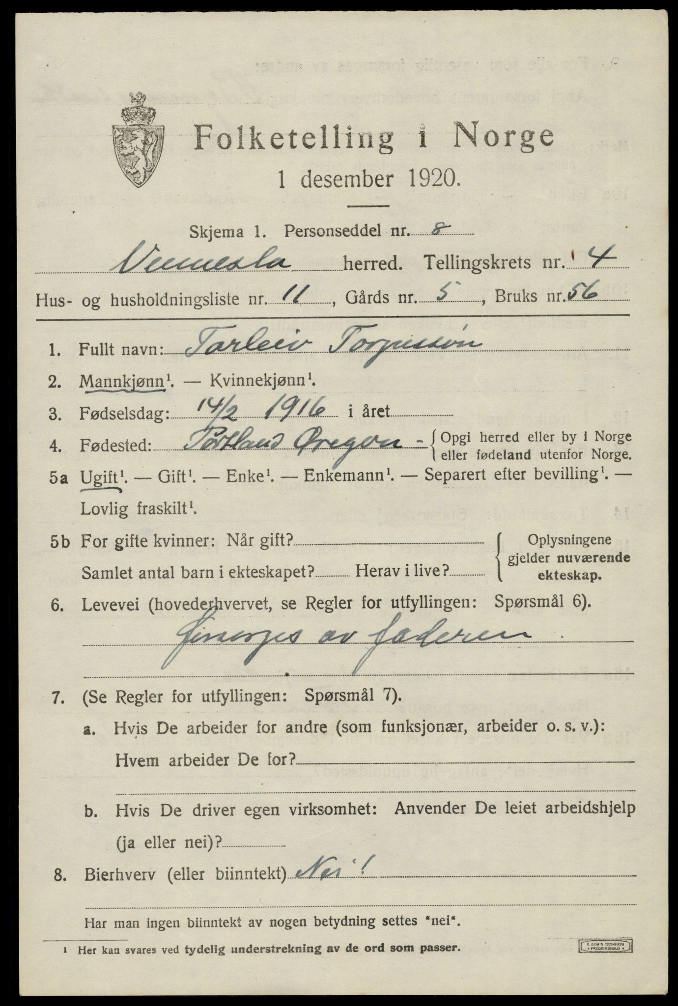 SAK, 1920 census for Vennesla, 1920, p. 2984