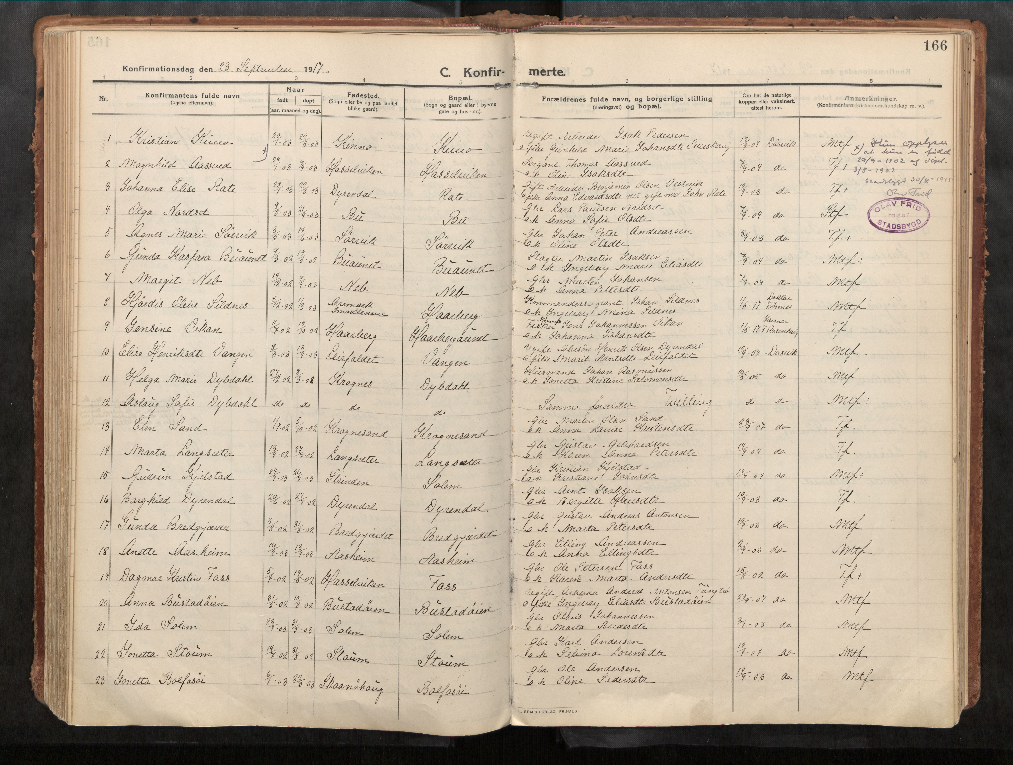 Stadsbygd sokneprestkontor, AV/SAT-A-1117/1/I/I1/I1a/L0001: Parish register (official) no. 1, 1911-1929, p. 166