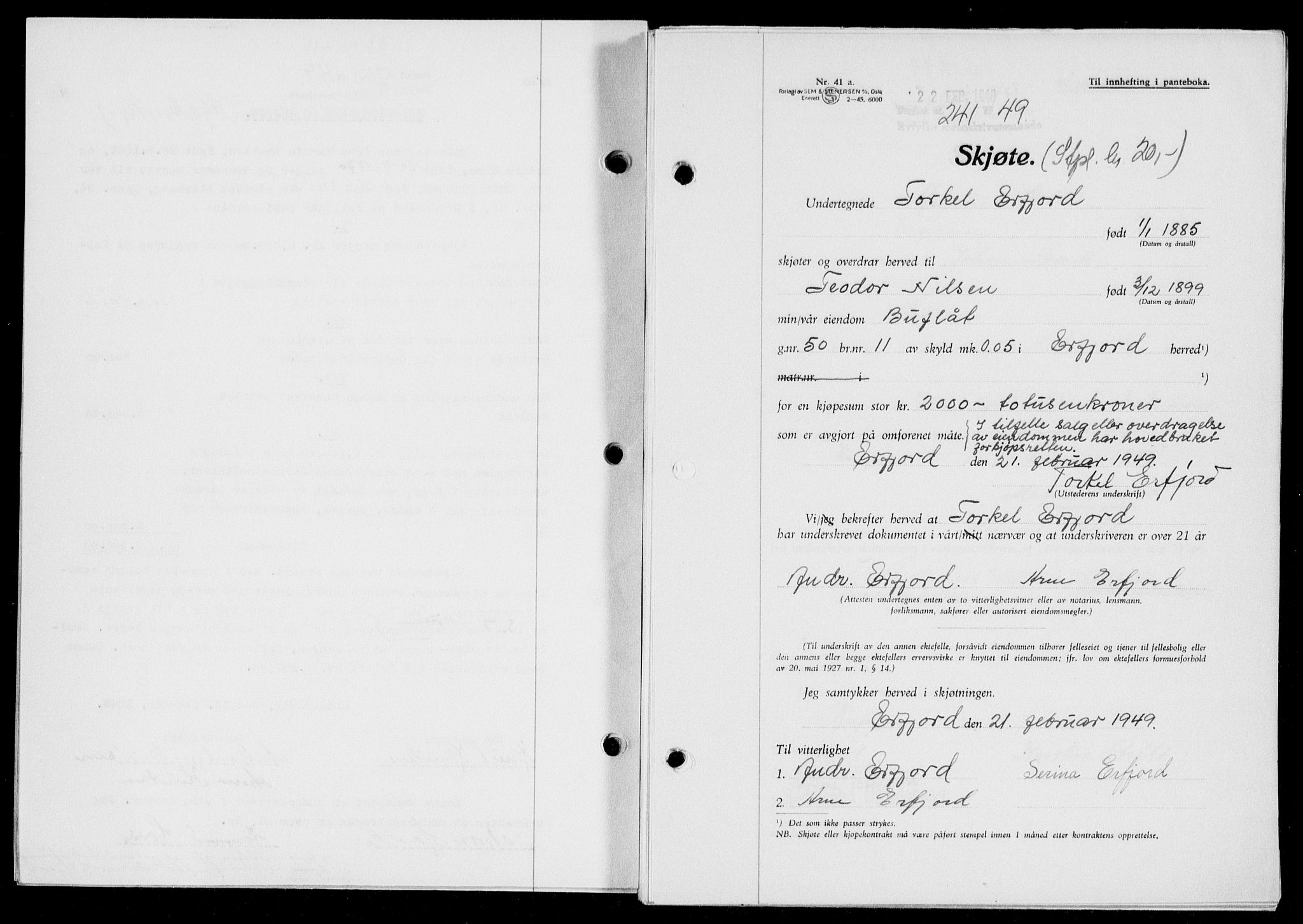 Ryfylke tingrett, AV/SAST-A-100055/001/II/IIB/L0104: Mortgage book no. 83, 1948-1949, Diary no: : 241/1949