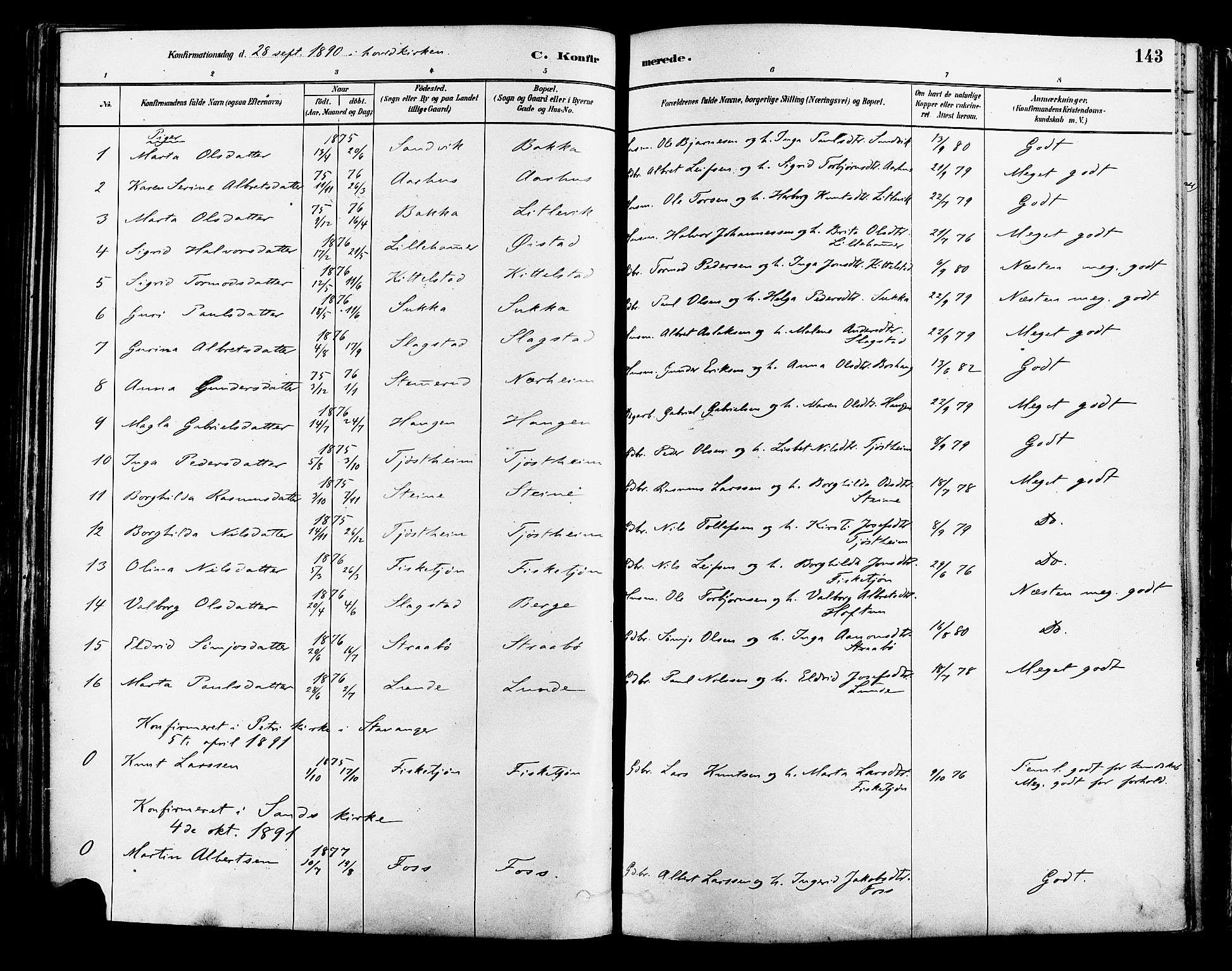 Suldal sokneprestkontor, AV/SAST-A-101845/01/IV/L0011: Parish register (official) no. A 11, 1878-1900, p. 143