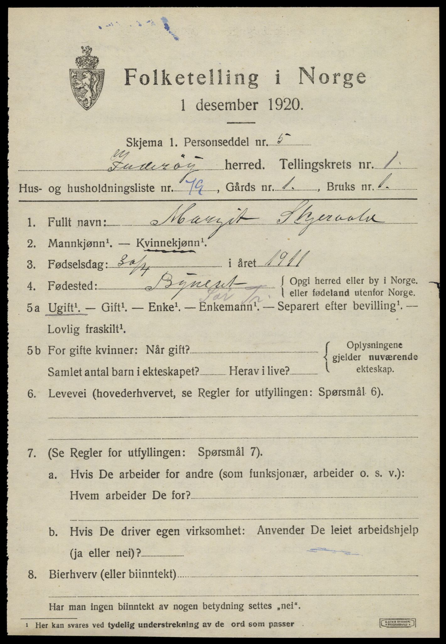 SAT, 1920 census for Inderøy, 1920, p. 1825