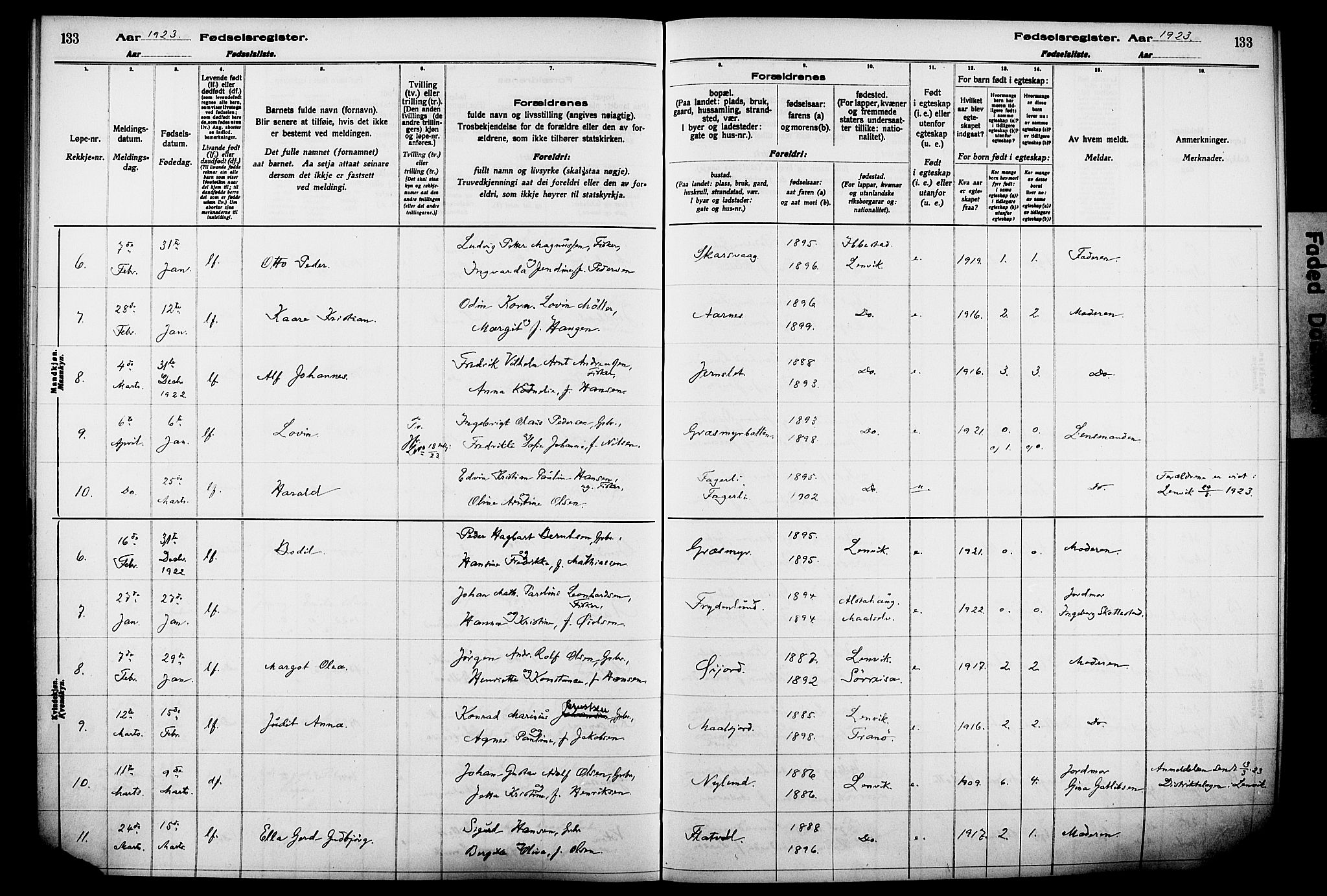 Lenvik sokneprestembete, AV/SATØ-S-1310/I/Ic/L0089: Birth register no. 89, 1916-1926, p. 133