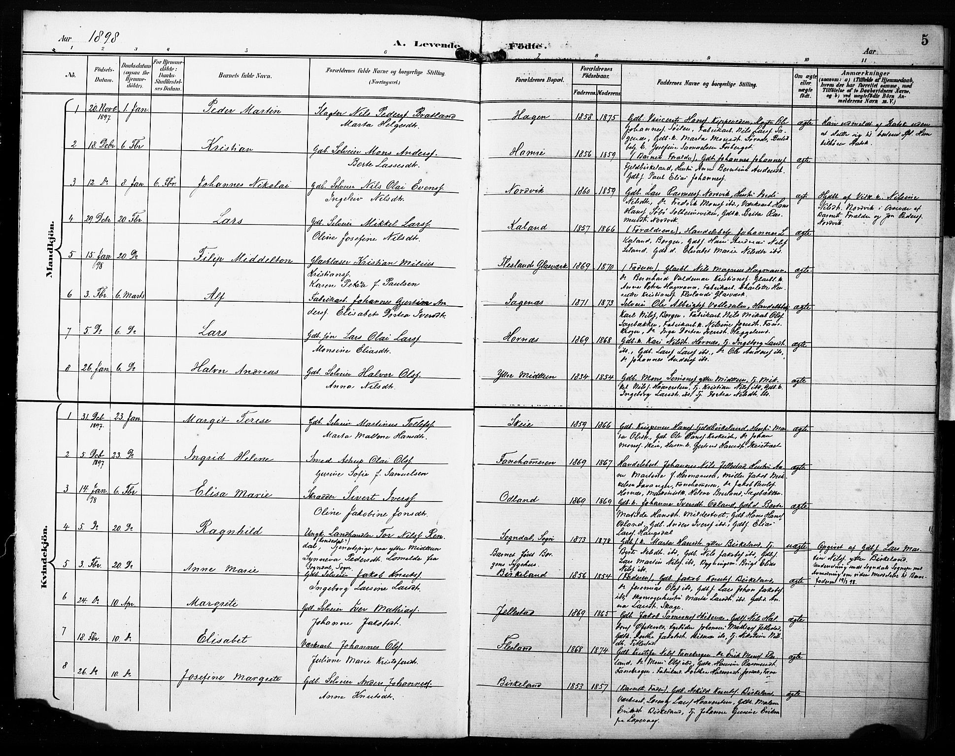 Fana Sokneprestembete, AV/SAB-A-75101/H/Haa/Haab/L0003: Parish register (official) no. B 3, 1898-1907, p. 5