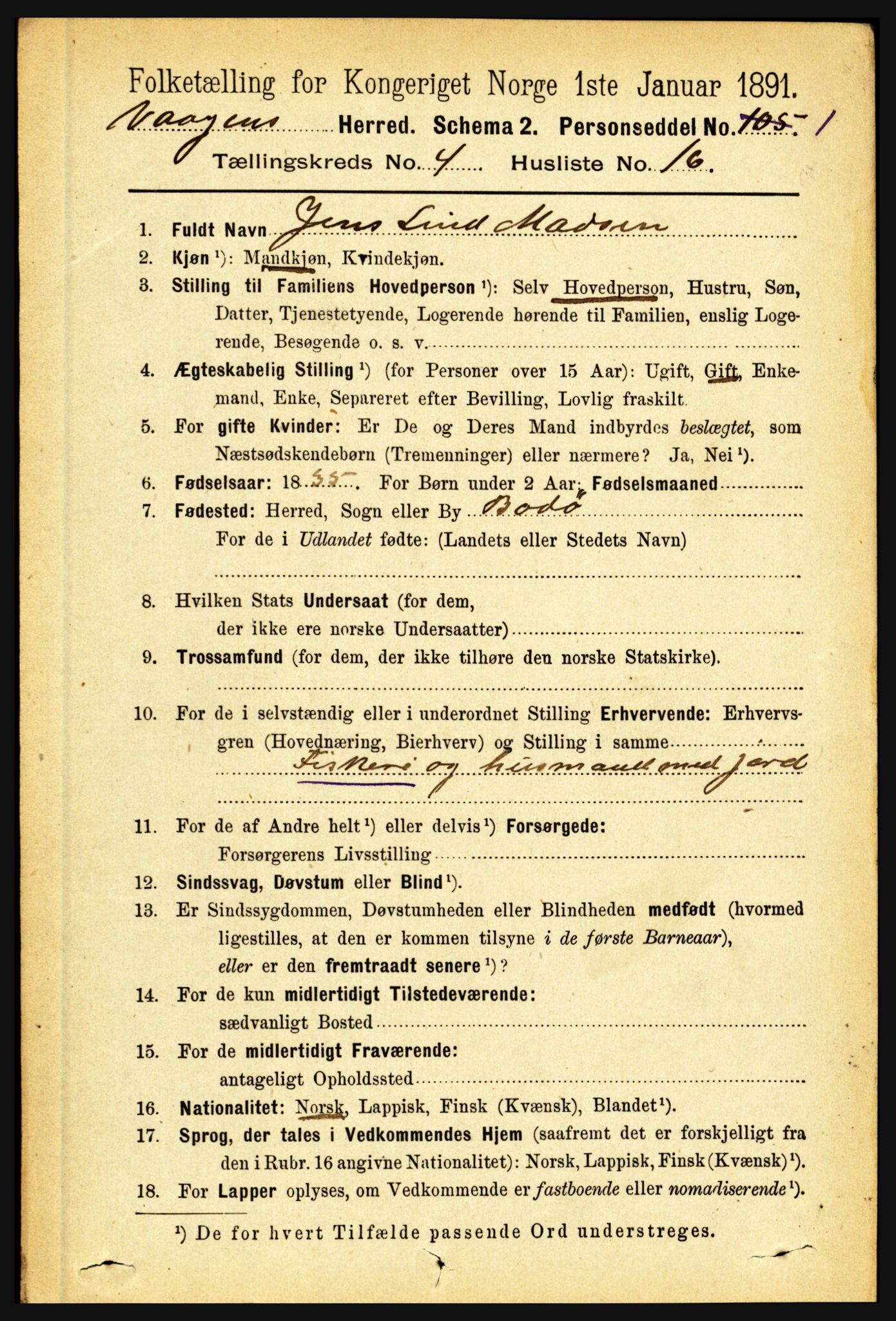 RA, 1891 census for 1865 Vågan, 1891, p. 1041