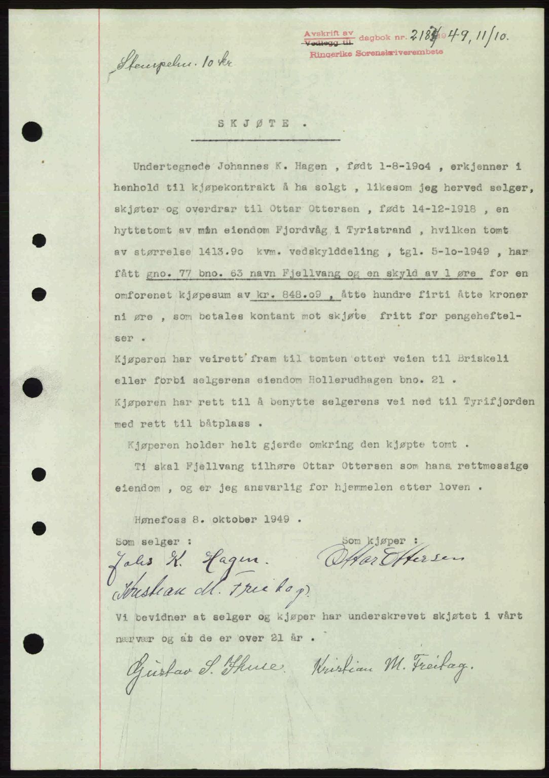 Ringerike sorenskriveri, AV/SAKO-A-105/G/Ga/Gab/L0090: Mortgage book no. A-21, 1949-1949, Diary no: : 2187/1949