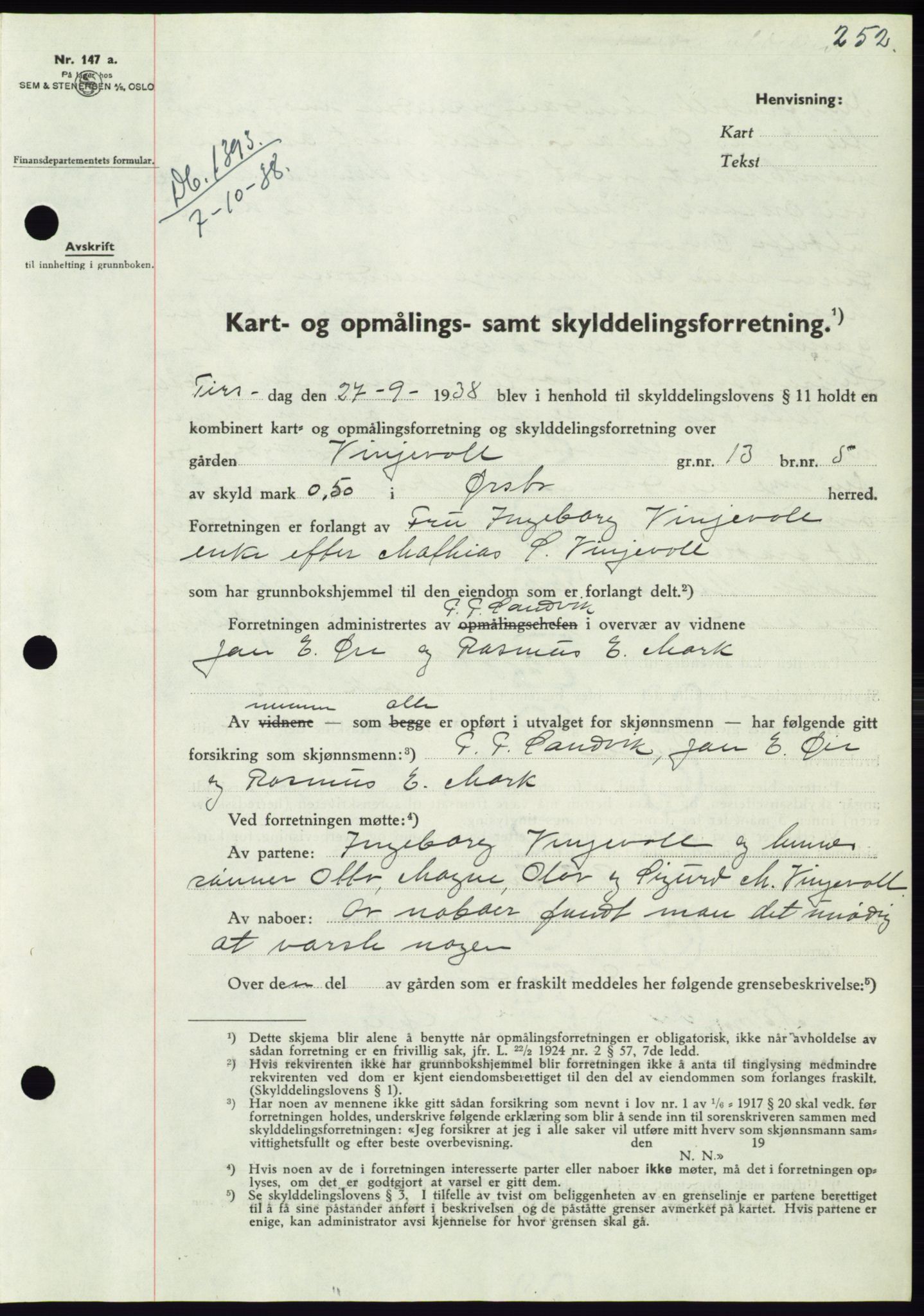 Søre Sunnmøre sorenskriveri, AV/SAT-A-4122/1/2/2C/L0066: Mortgage book no. 60, 1938-1938, Diary no: : 1393/1938