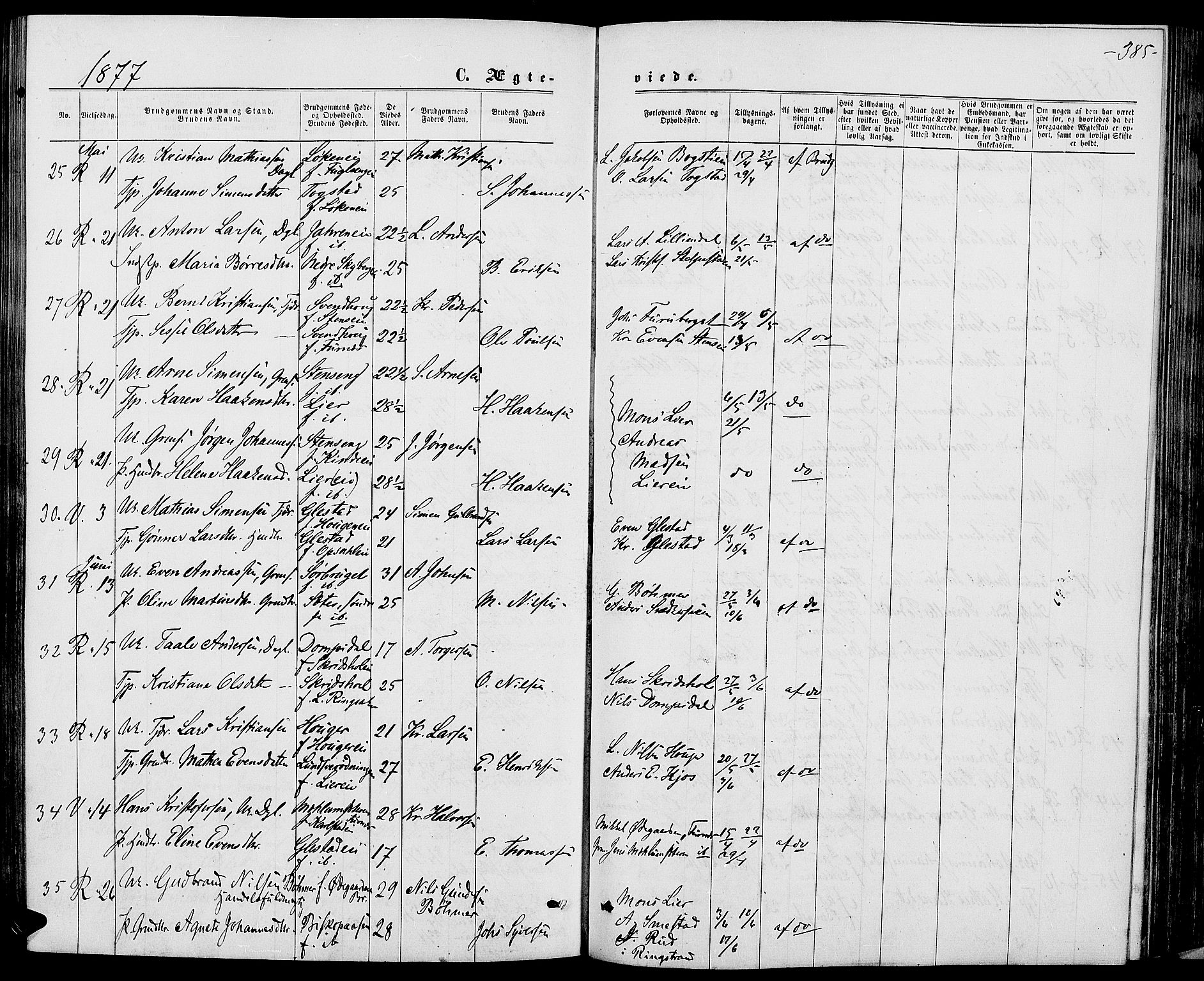 Ringsaker prestekontor, AV/SAH-PREST-014/L/La/L0008: Parish register (copy) no. 8, 1870-1878, p. 385