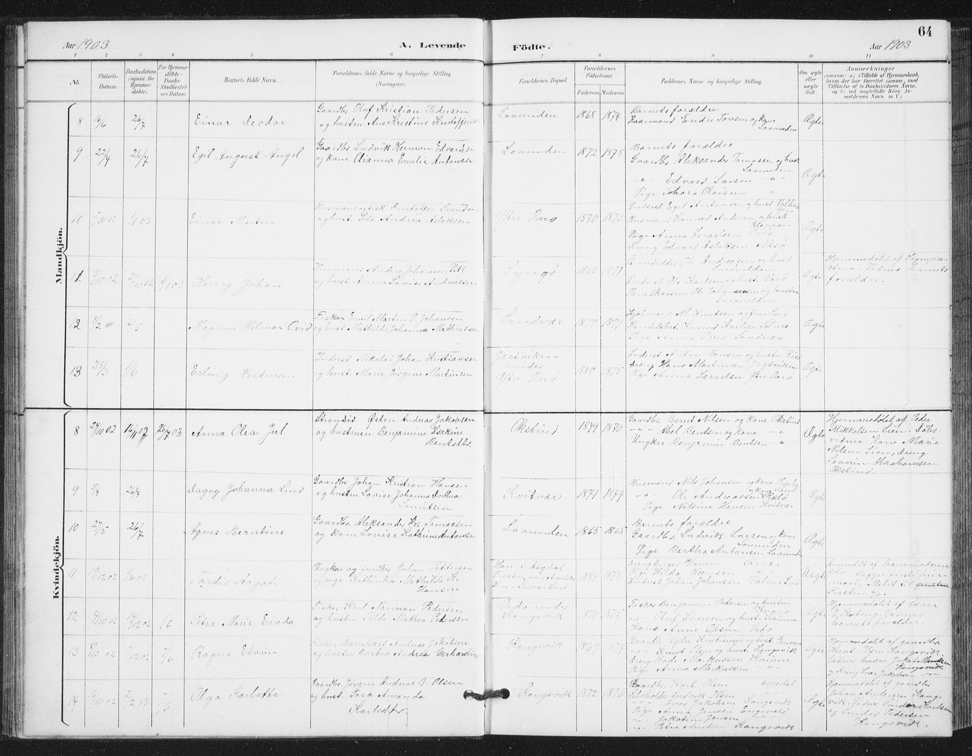 Ministerialprotokoller, klokkerbøker og fødselsregistre - Nordland, AV/SAT-A-1459/839/L0573: Parish register (copy) no. 839C03, 1892-1917, p. 64