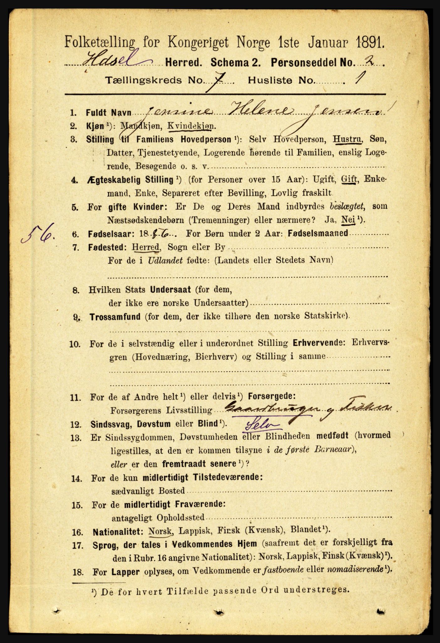 RA, 1891 census for 1866 Hadsel, 1891, p. 3119