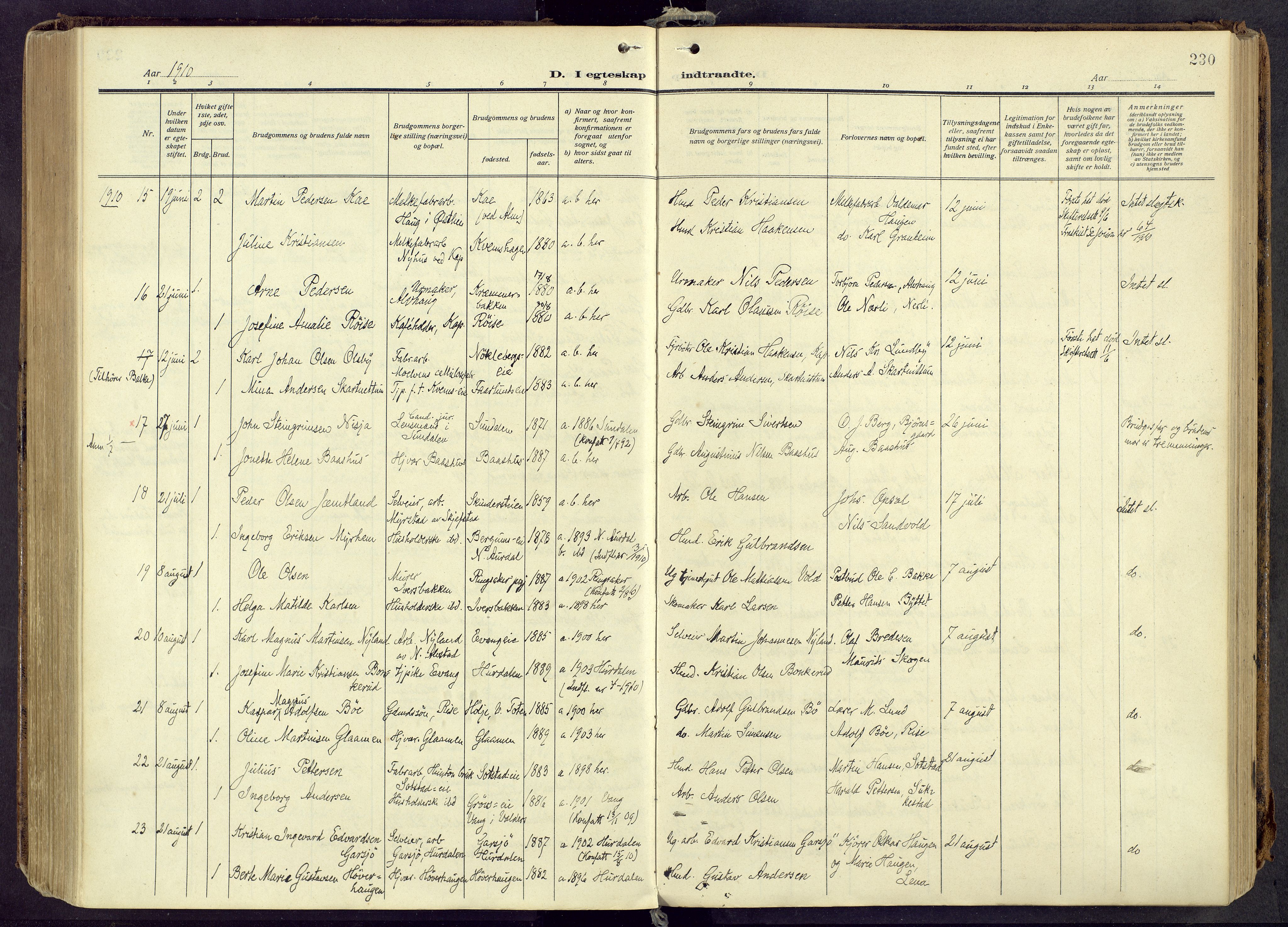 Østre Toten prestekontor, AV/SAH-PREST-104/H/Ha/Haa/L0010: Parish register (official) no. 10, 1910-1920, p. 230