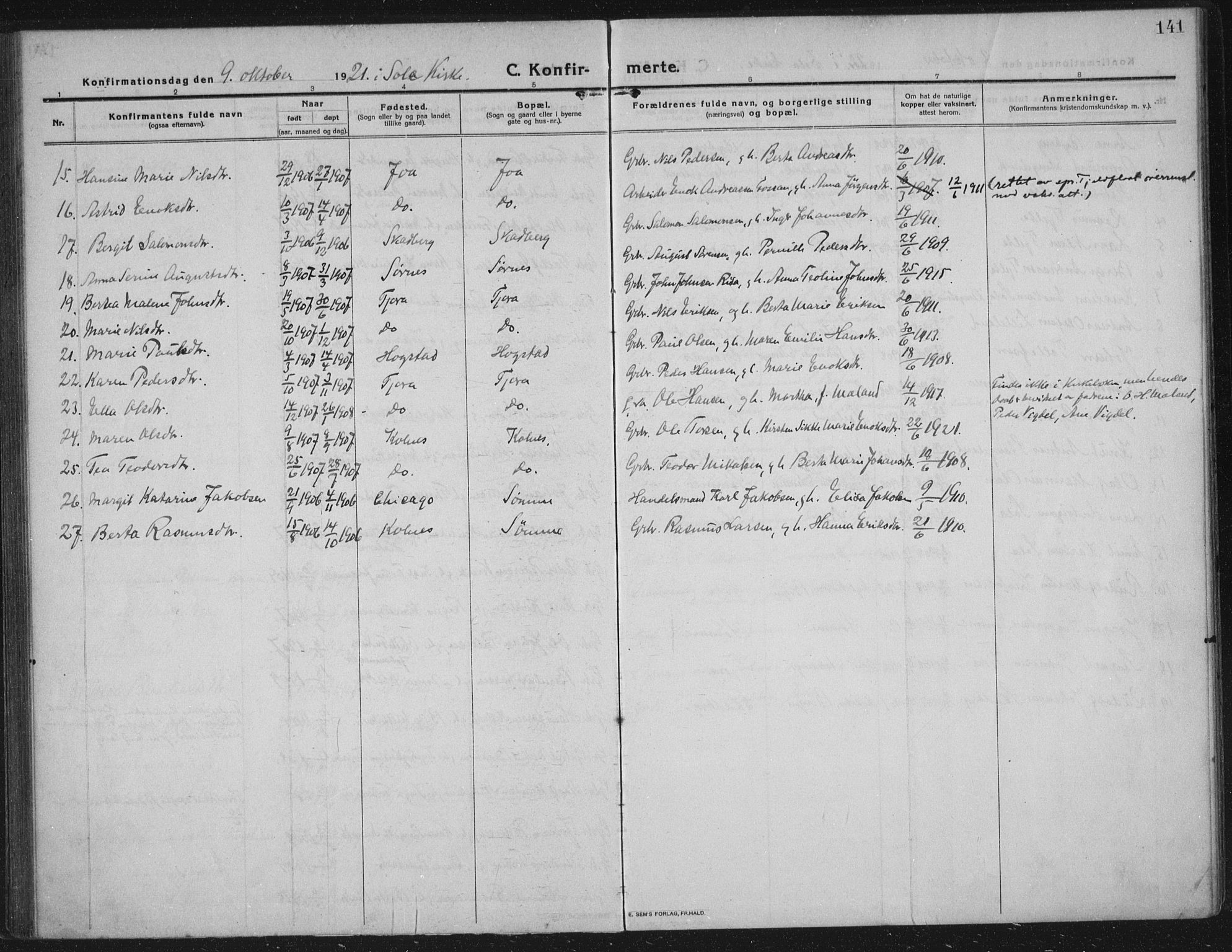 Håland sokneprestkontor, AV/SAST-A-101802/002/C/L0001: Parish register (official) no. A 14, 1913-1927, p. 141