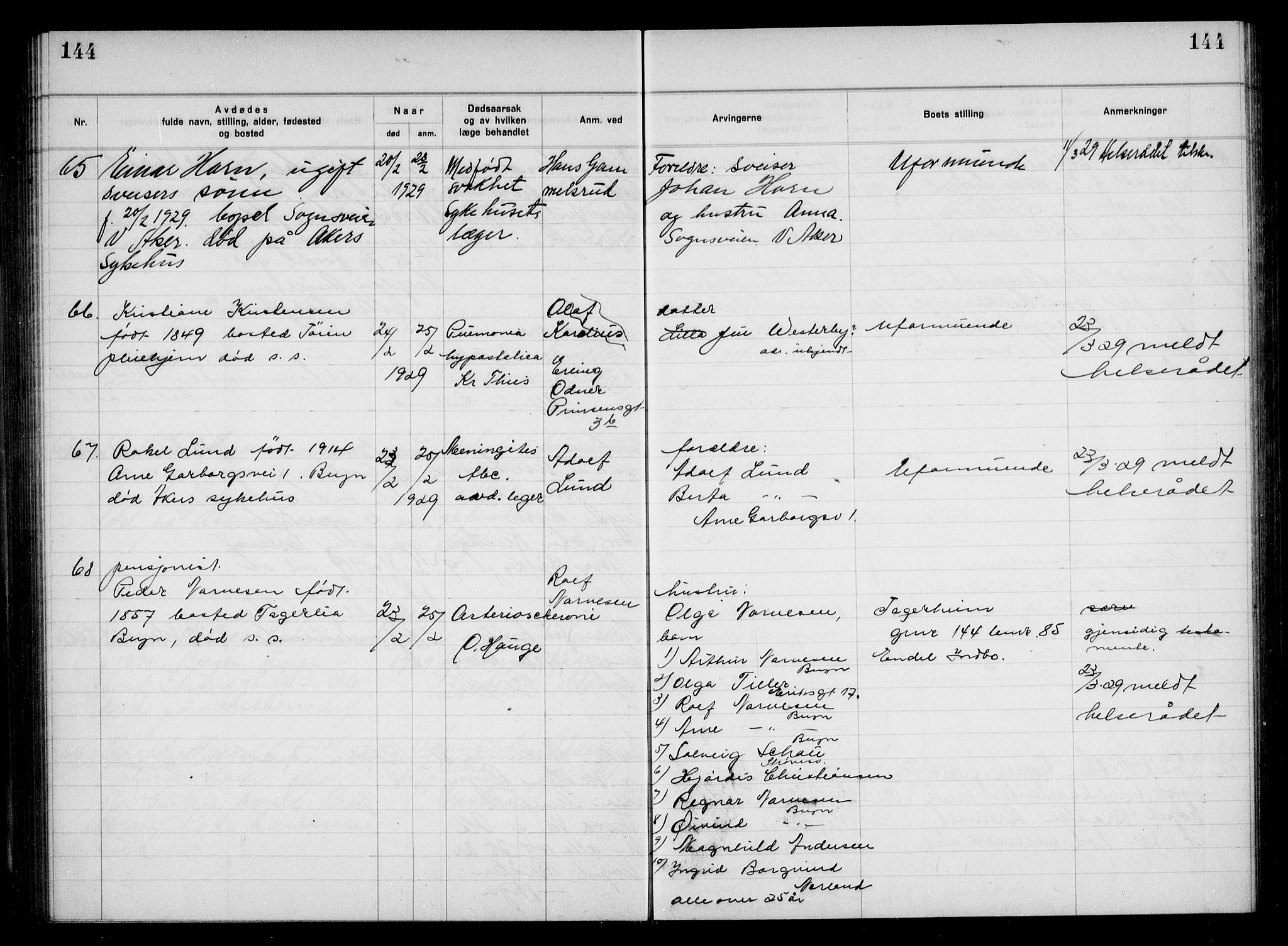 Aker kriminaldommer, skifte- og auksjonsforvalterembete, AV/SAO-A-10452/H/Hb/Hba/Hbac/L0002: Dødsfallsprotokoll for Østre Aker, 1927-1931, p. 144