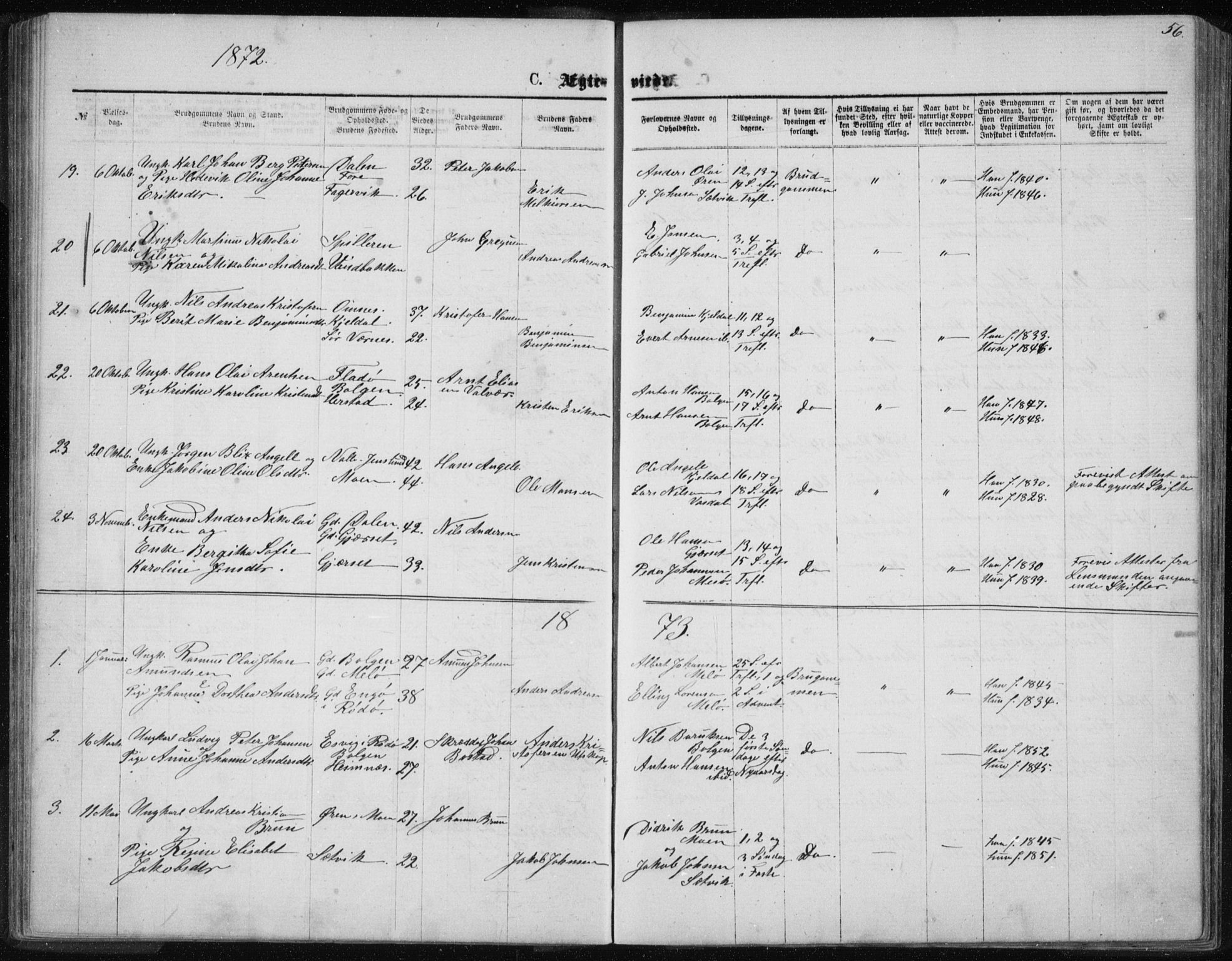 Ministerialprotokoller, klokkerbøker og fødselsregistre - Nordland, SAT/A-1459/843/L0635: Parish register (copy) no. 843C04, 1872-1887, p. 56