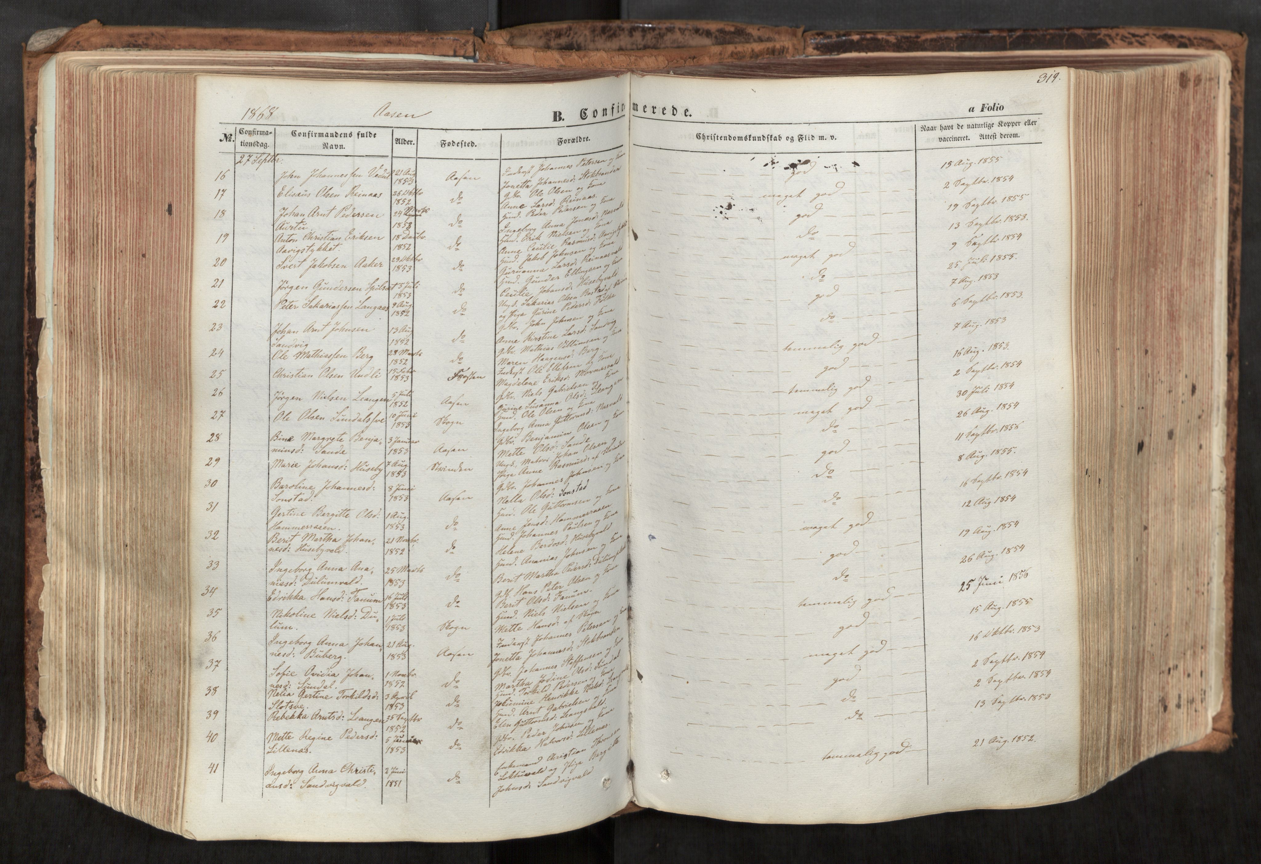 Ministerialprotokoller, klokkerbøker og fødselsregistre - Nord-Trøndelag, SAT/A-1458/713/L0116: Parish register (official) no. 713A07, 1850-1877, p. 319