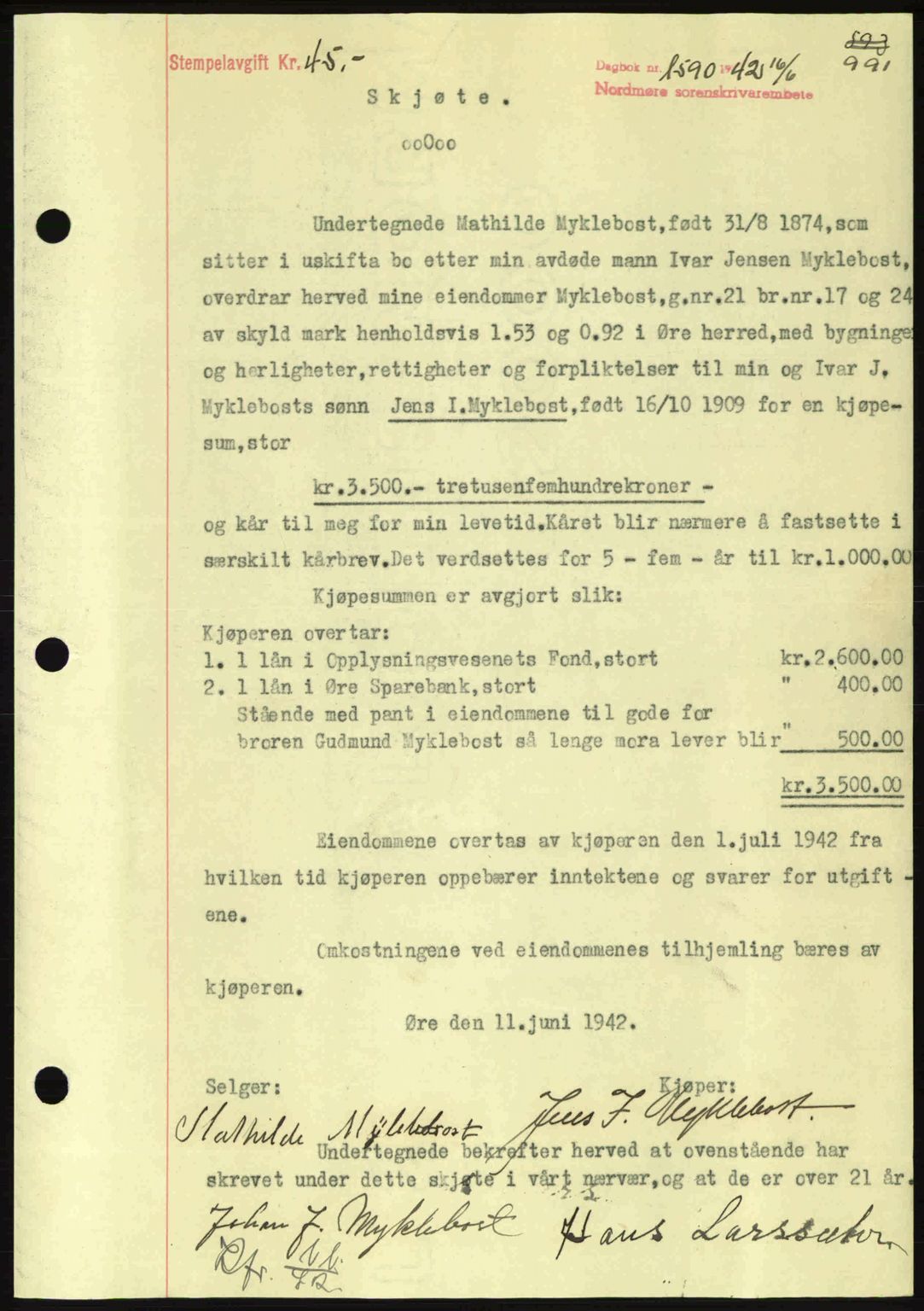 Nordmøre sorenskriveri, AV/SAT-A-4132/1/2/2Ca: Mortgage book no. A92, 1942-1942, Diary no: : 1590/1942