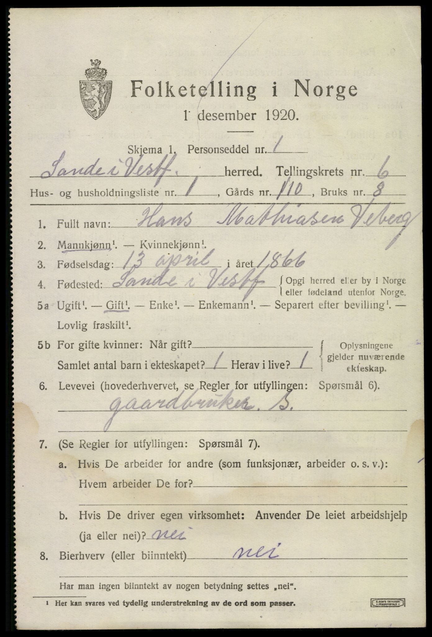 SAKO, 1920 census for Sande, 1920, p. 7258