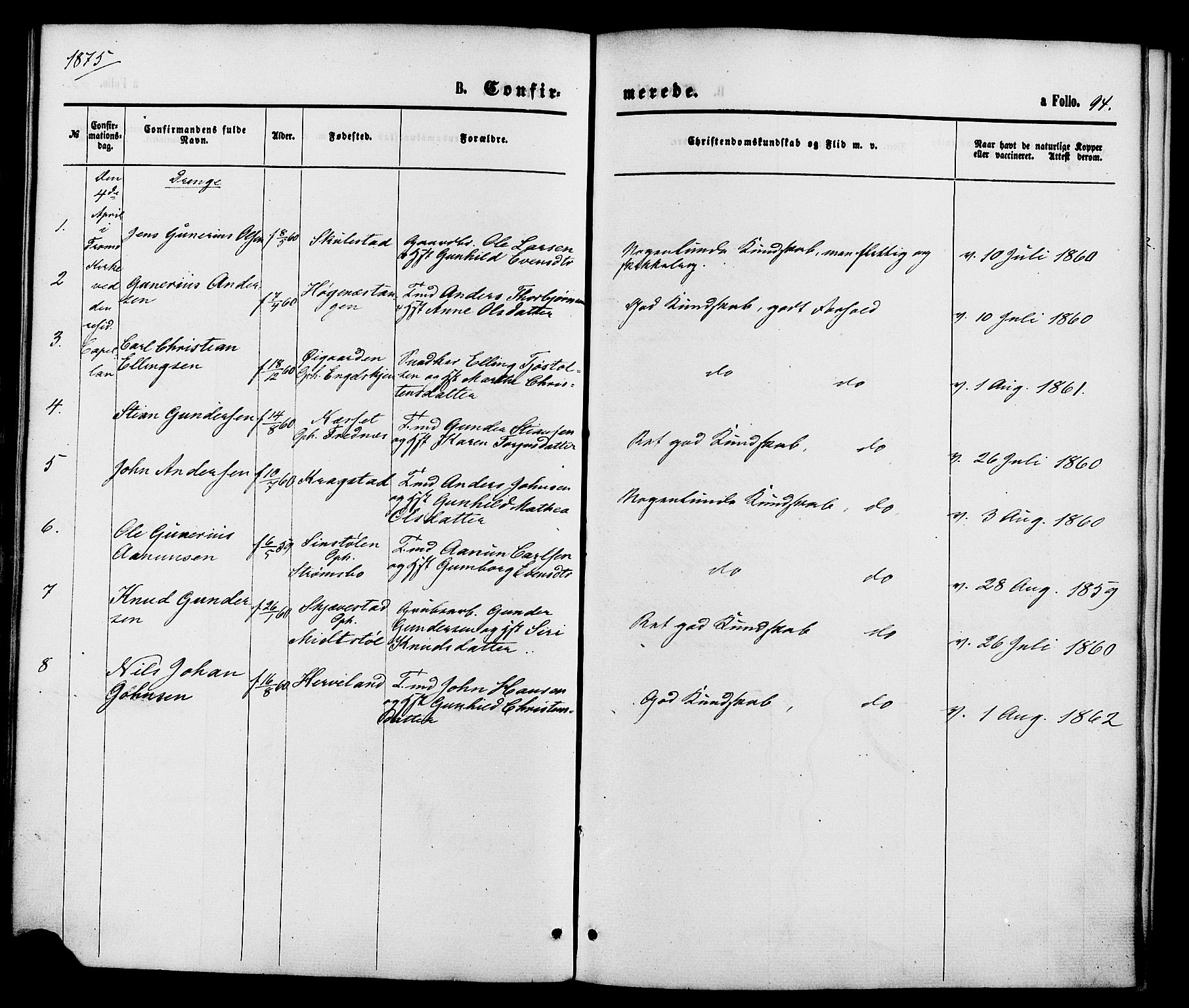 Austre Moland sokneprestkontor, SAK/1111-0001/F/Fa/Faa/L0009: Parish register (official) no. A 9, 1869-1879, p. 94