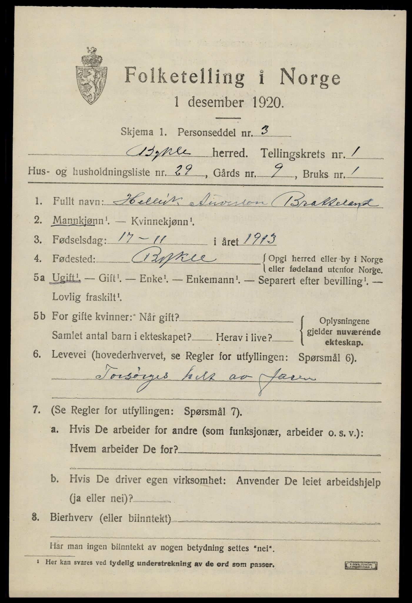 SAK, 1920 census for Bykle, 1920, p. 571