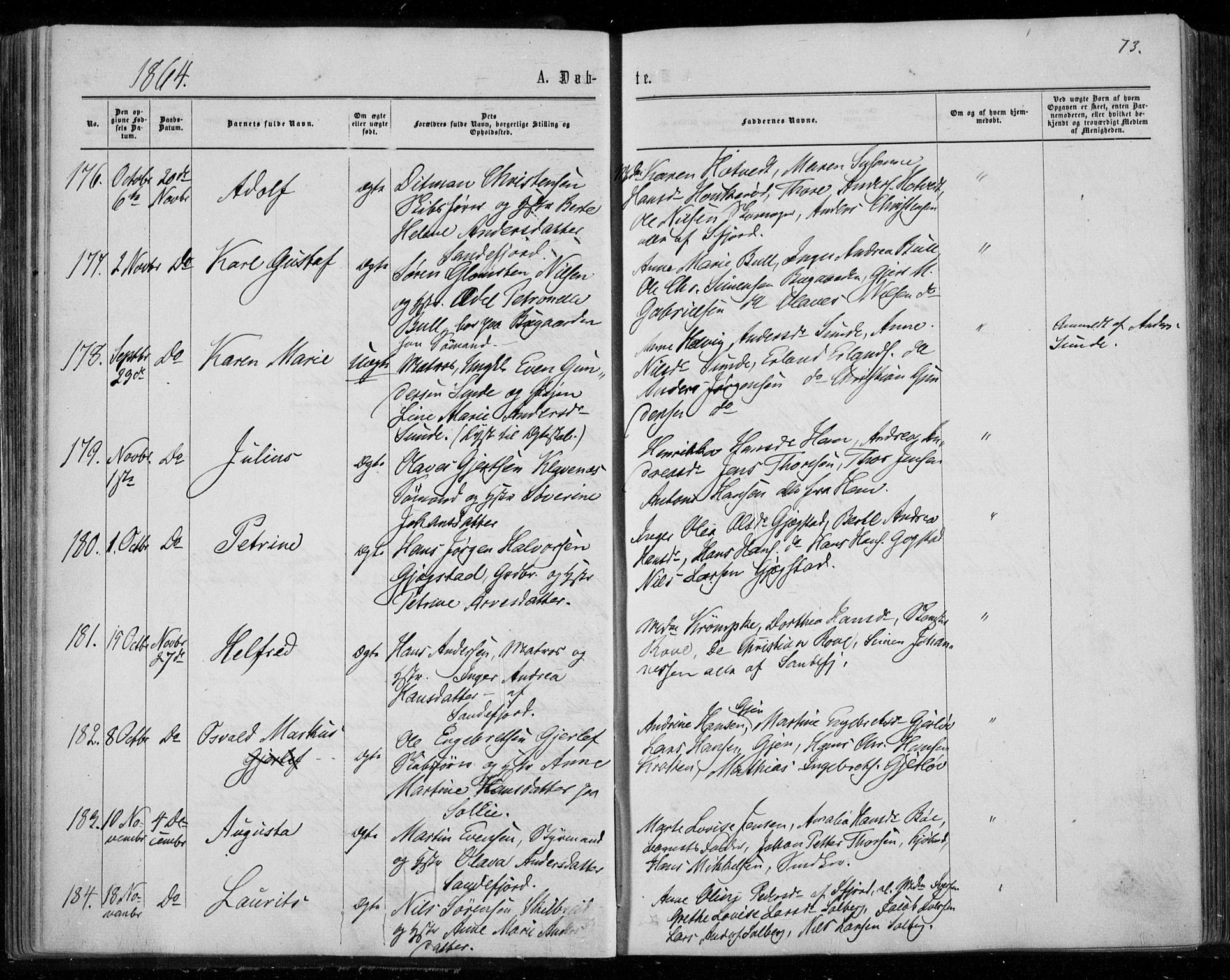 Sandar kirkebøker, SAKO/A-243/F/Fa/L0008: Parish register (official) no. 8, 1862-1871, p. 73