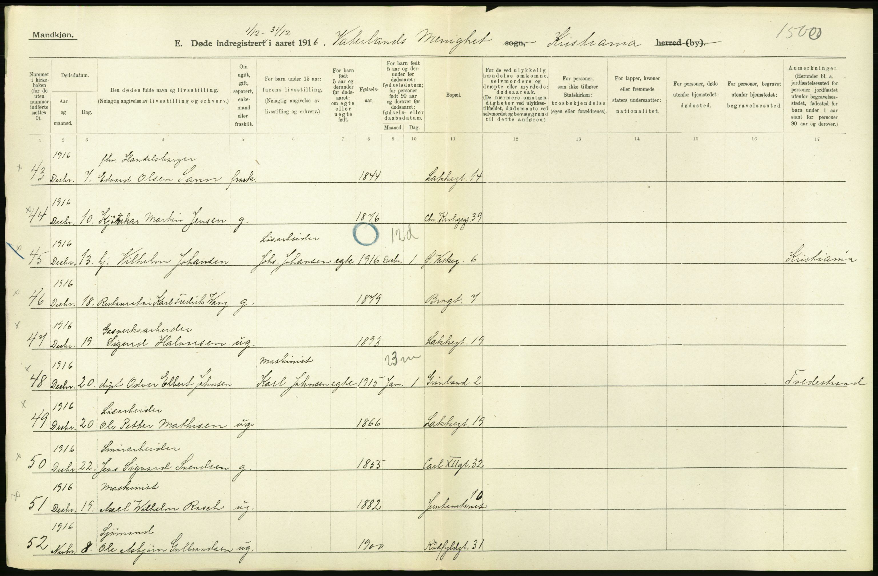 Statistisk sentralbyrå, Sosiodemografiske emner, Befolkning, AV/RA-S-2228/D/Df/Dfb/Dfbf/L0009: Kristiania: Døde., 1916, p. 450