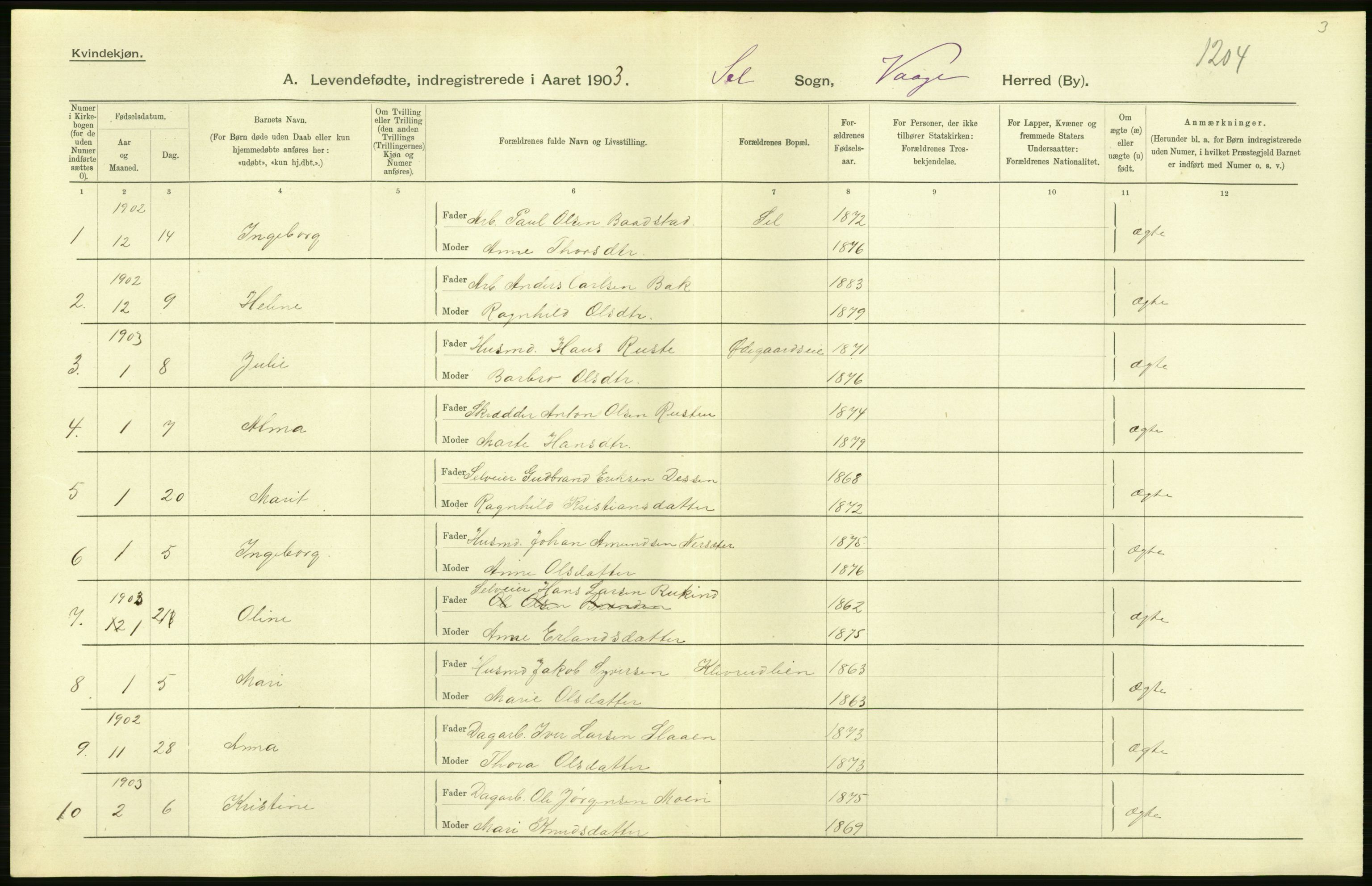 Statistisk sentralbyrå, Sosiodemografiske emner, Befolkning, AV/RA-S-2228/D/Df/Dfa/Dfaa/L0006: Kristians amt: Fødte, gifte, døde, 1903, p. 42