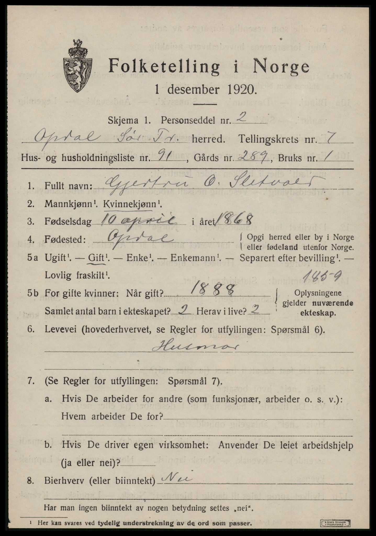 SAT, 1920 census for Oppdal, 1920, p. 6797