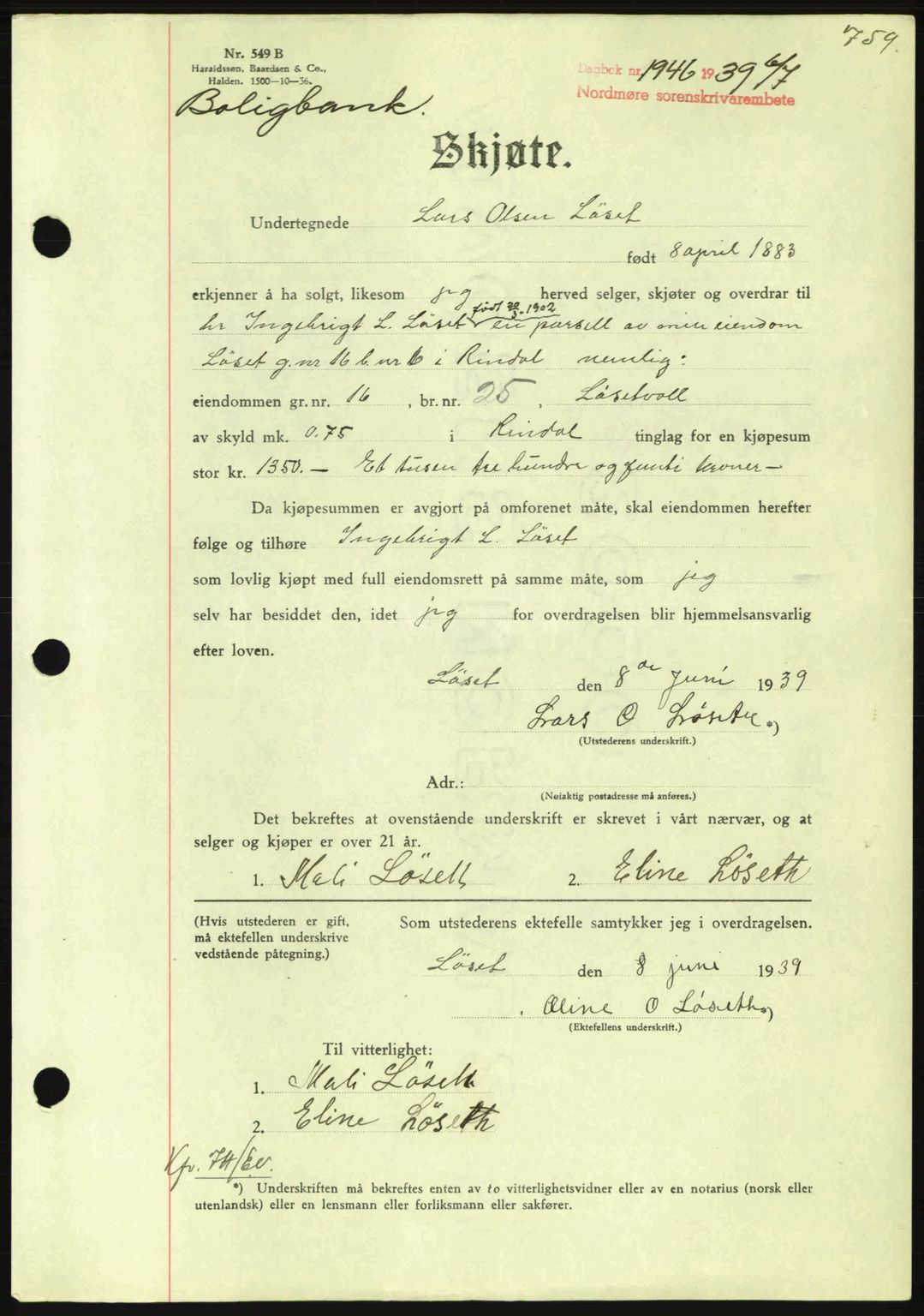 Nordmøre sorenskriveri, AV/SAT-A-4132/1/2/2Ca: Mortgage book no. A86, 1939-1939, Diary no: : 1946/1939