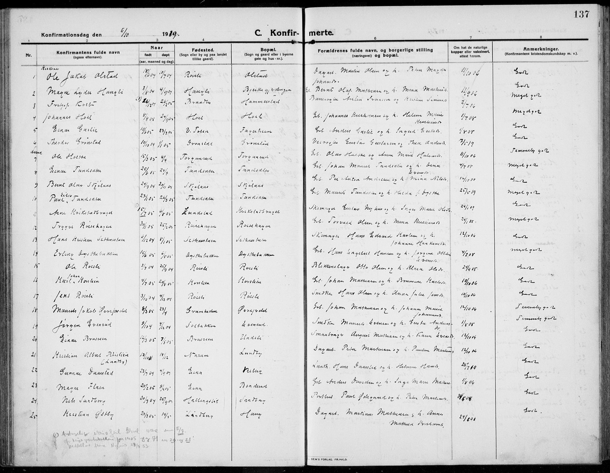 Kolbu prestekontor, SAH/PREST-110/H/Ha/Haa/L0002: Parish register (official) no. 2, 1912-1926, p. 137