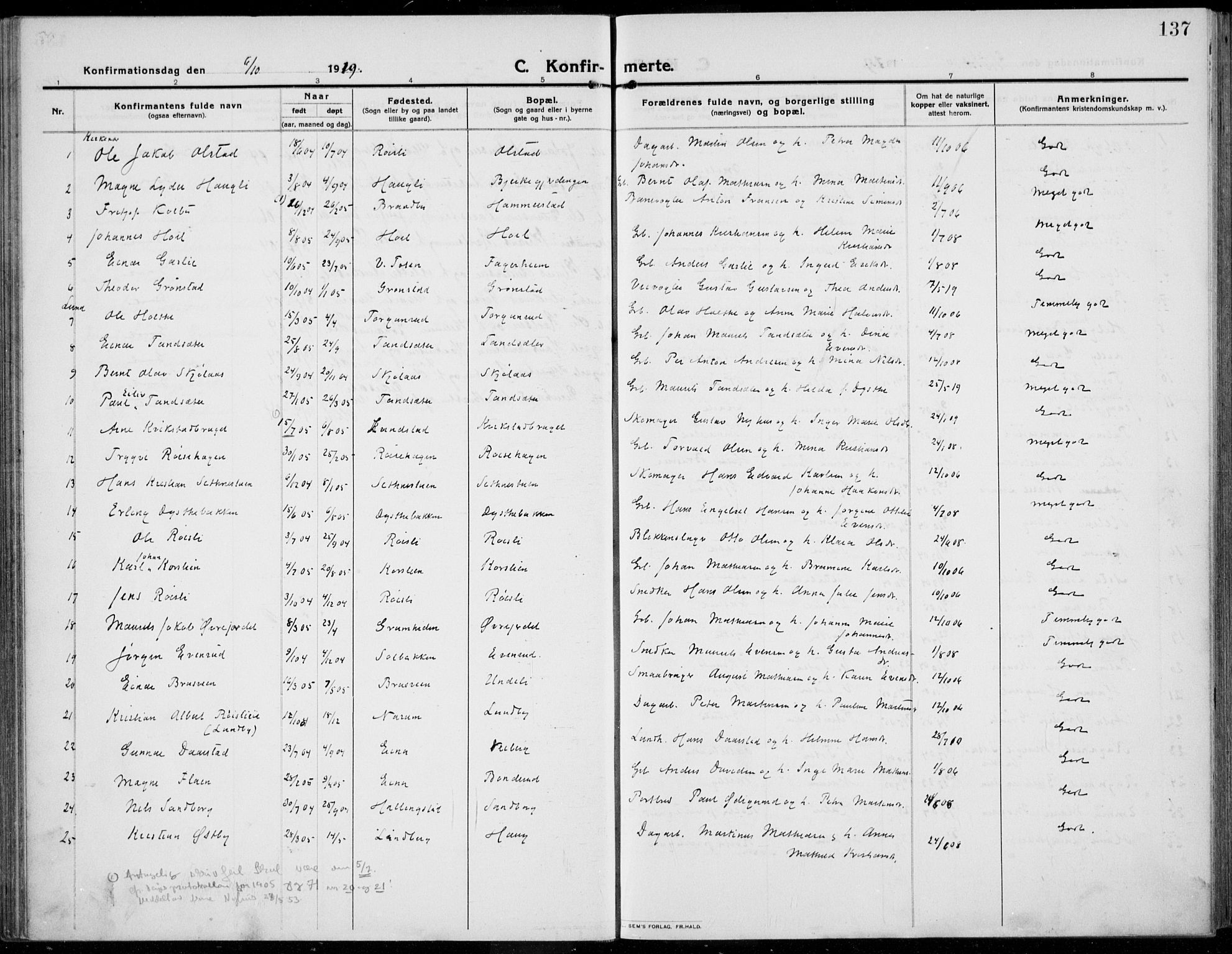 Kolbu prestekontor, AV/SAH-PREST-110/H/Ha/Haa/L0002: Parish register (official) no. 2, 1912-1926, p. 137