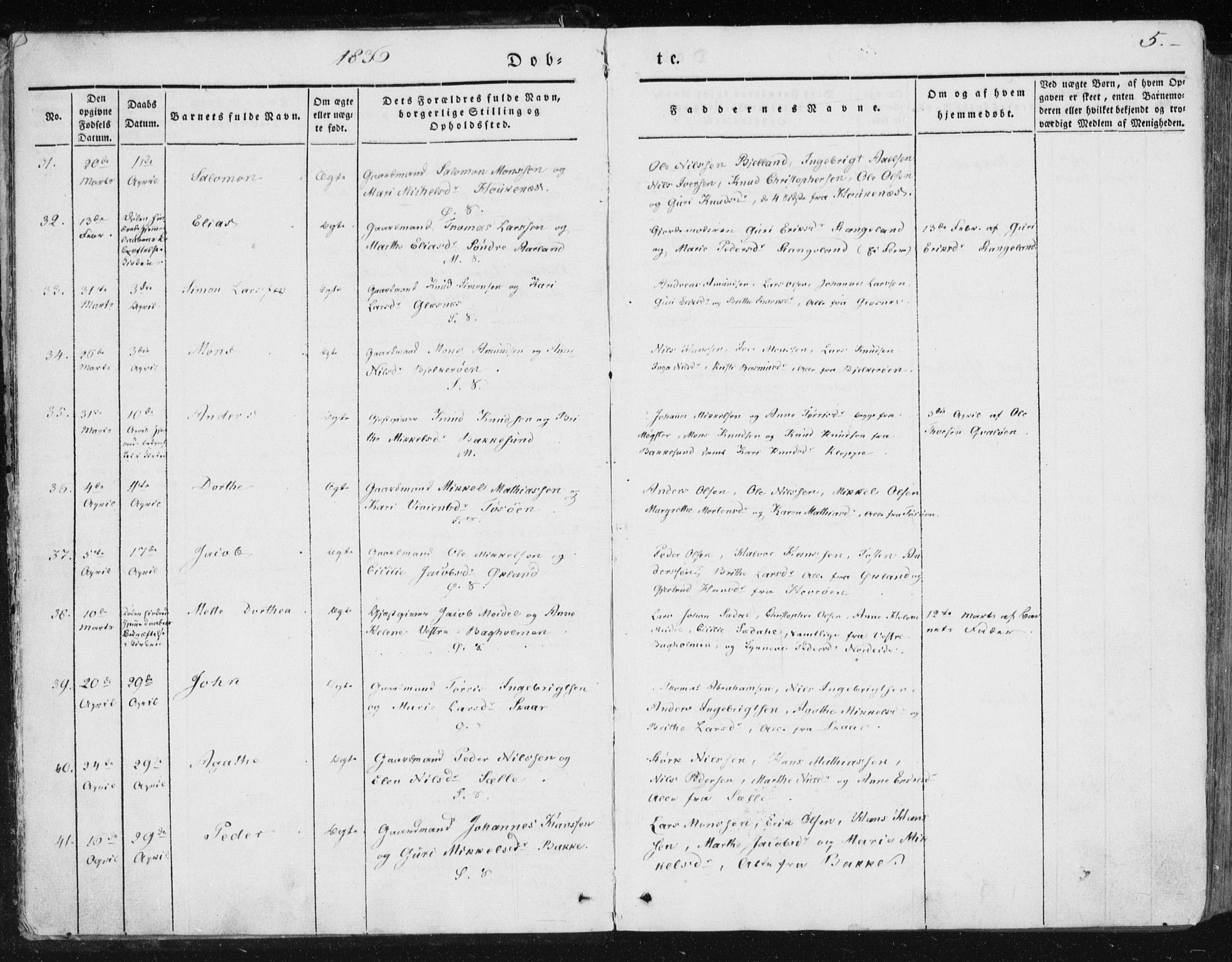 Sund sokneprestembete, AV/SAB-A-99930: Parish register (official) no. A 13, 1835-1849, p. 5