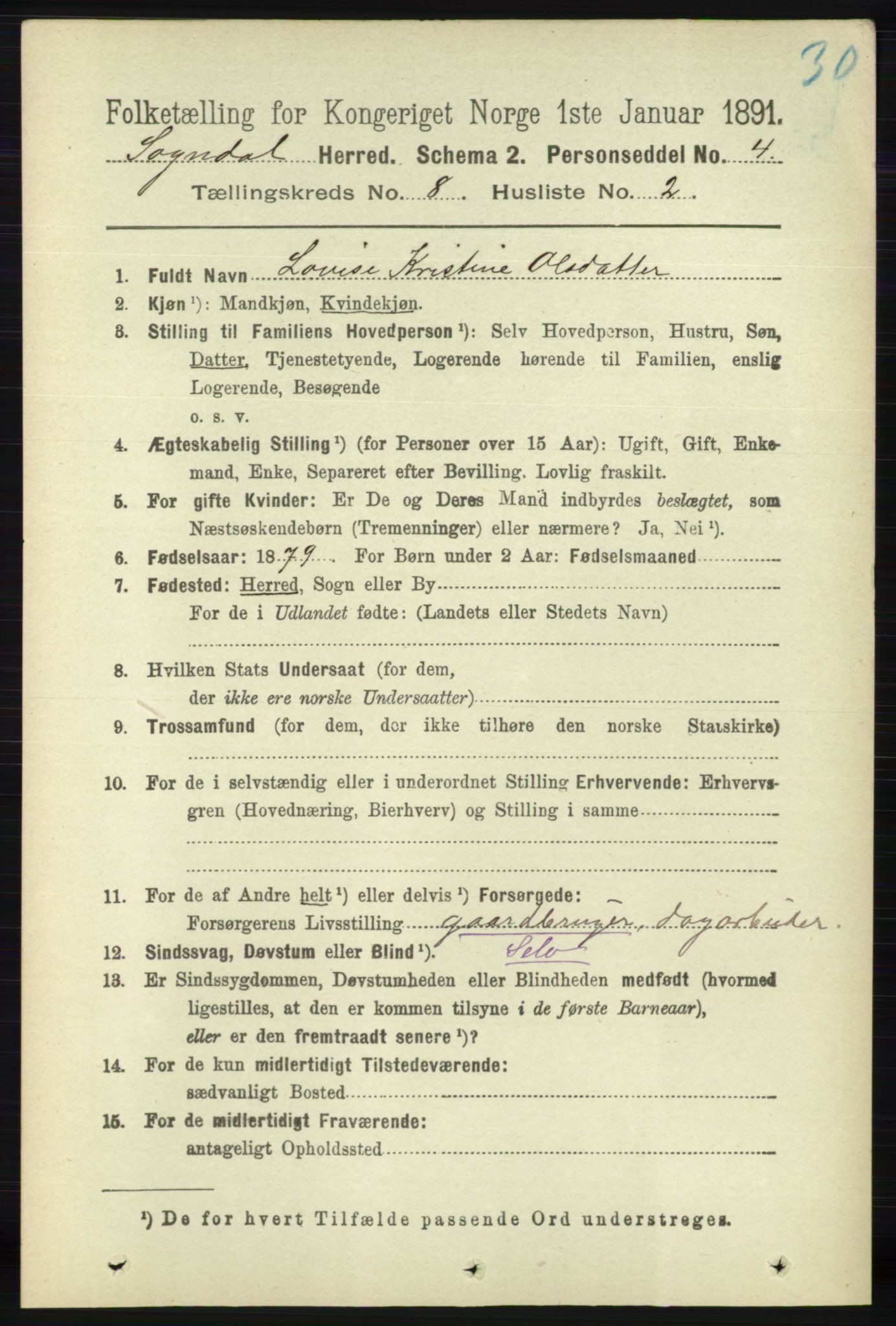 RA, 1891 census for 1111 Sokndal, 1891, p. 2697