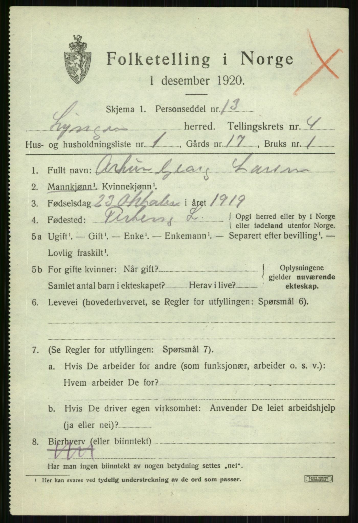SATØ, 1920 census for Lyngen, 1920, p. 4047