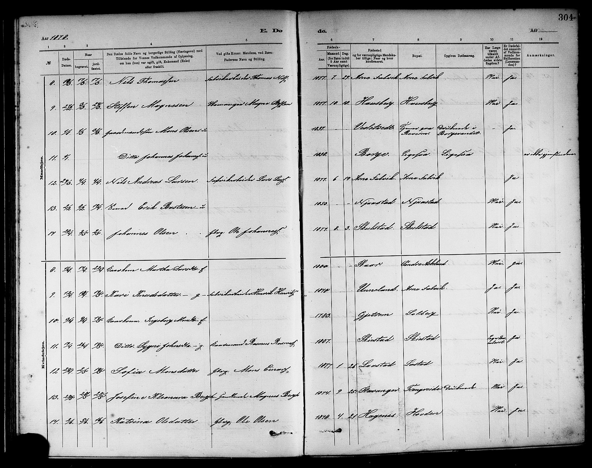 Haus sokneprestembete, AV/SAB-A-75601/H/Haa: Parish register (official) no. A 19II, 1878-1886, p. 304