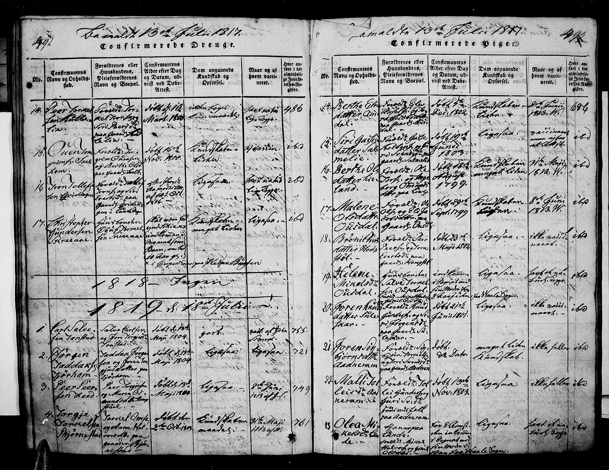 Sirdal sokneprestkontor, AV/SAK-1111-0036/F/Fa/Fab/L0001: Parish register (official) no. A 1, 1815-1834, p. 492-493