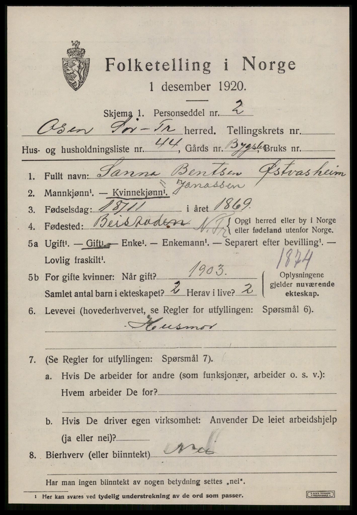 SAT, 1920 census for Osen, 1920, p. 3645