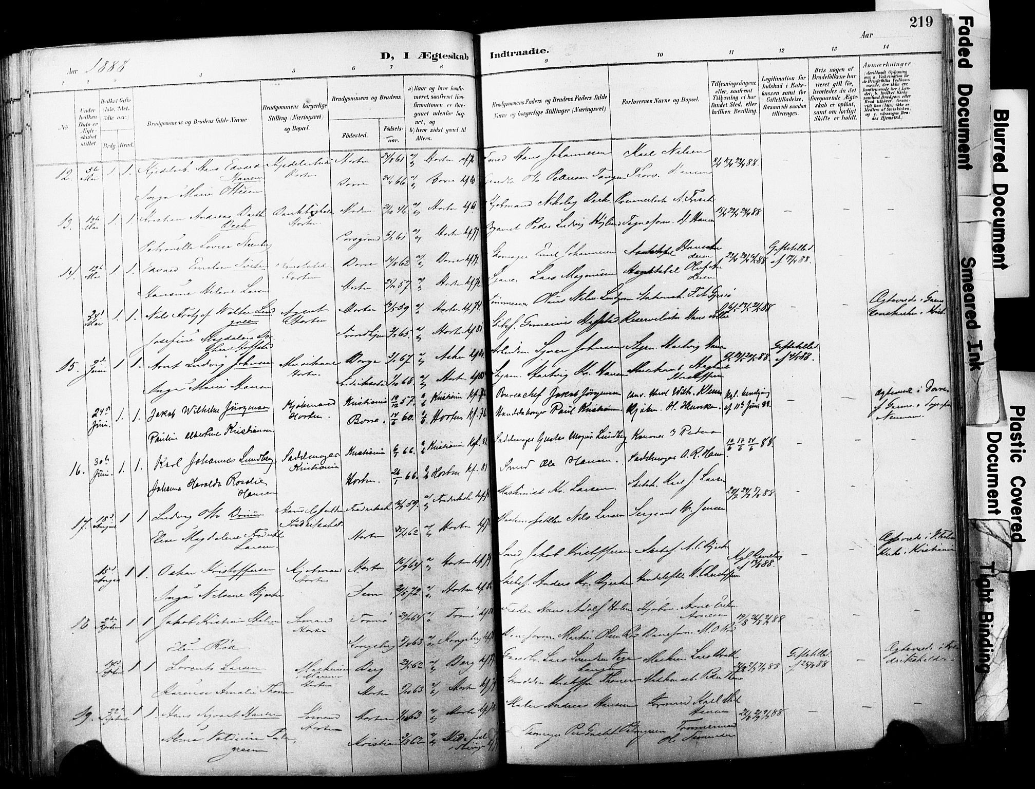 Horten kirkebøker, AV/SAKO-A-348/F/Fa/L0004: Parish register (official) no. 4, 1888-1895, p. 219